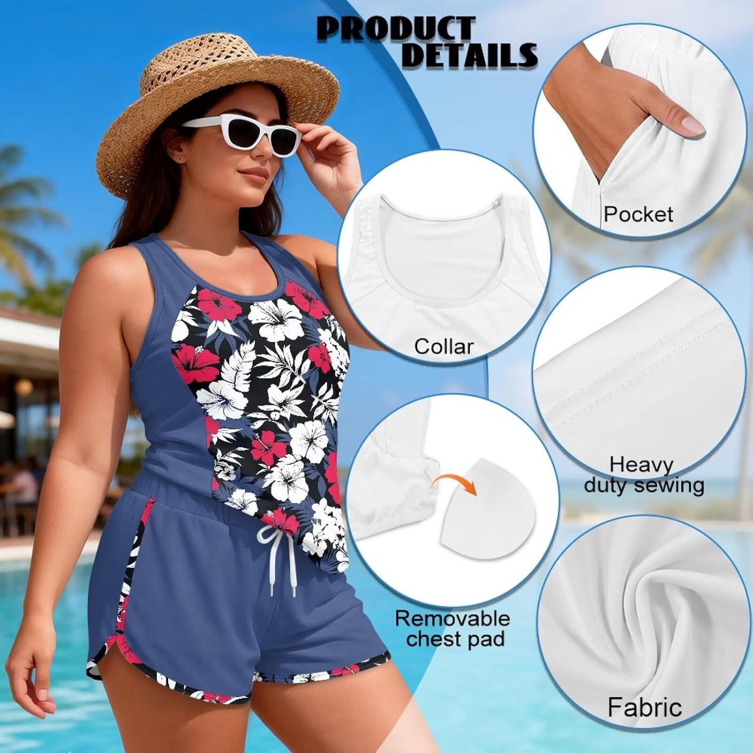 Women Swimsuits Tummy Control Casual Tankini with Pockets Summer Sporty Bathing Suits for Beach Volleyball Sports