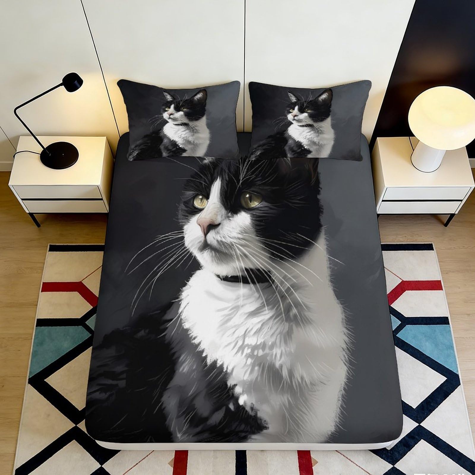 3D Printed Black White Cat Fitted Sheet Microfiber Soft Bedroom Decor Mattress Cover for Adult Teen Dorm 90x200x25cm