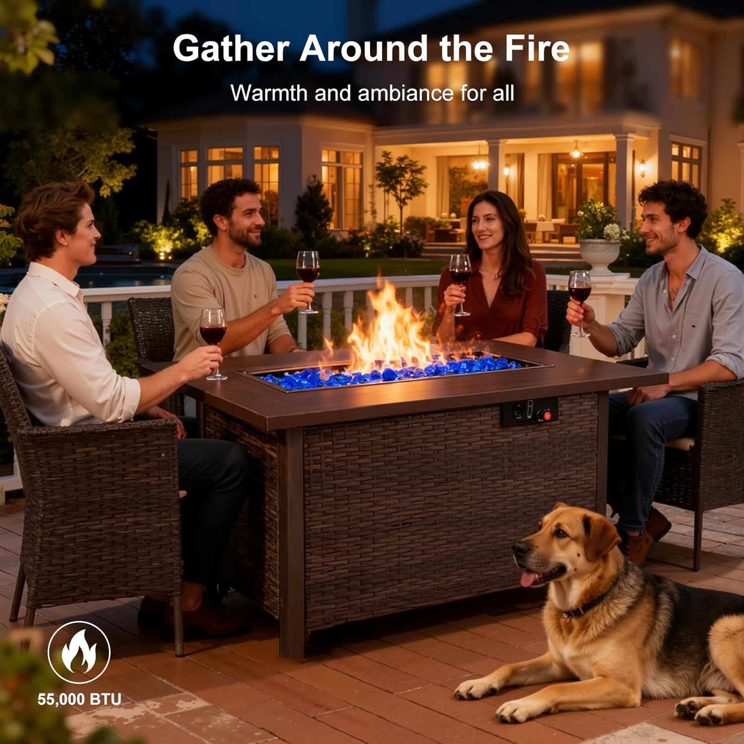 43" Propane Fire Pit Table, Patio Dining Fire Pit Table, 50,000BTU CSA Certified, Tile, Aluminum, & Wicker Details, with Lid&Wind Guard, Outdoor Fire Pit Accessories Included, for Garden, Yard