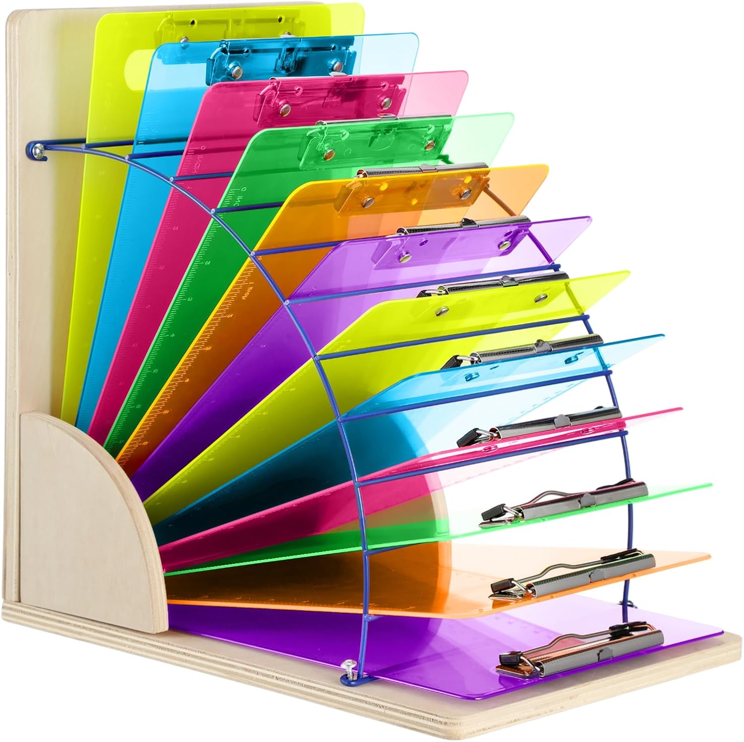 Clipboard Holder with 12 Pcs Clipboards, Wood and Metal Clipboard Holder Stand Clip Board Storage Rack Organizer, Clear Colored Clipboards for Classroom Office, 12.5 x 9 Inch