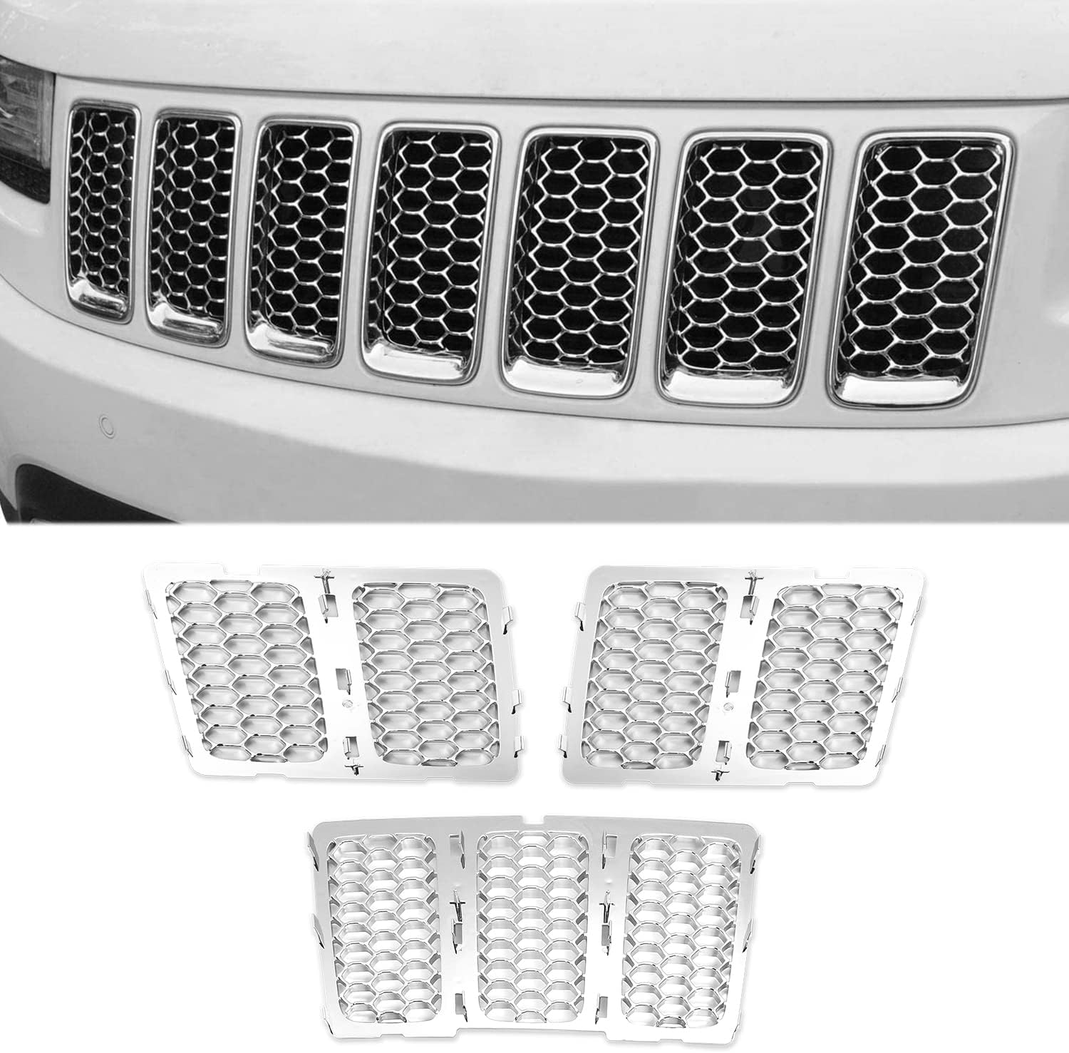 JeCar Grille Inserts ABS Mesh Honeycomb Chrome Clip-on Grill Cover Trim Kit for 2014-2016 Jeep Grand Cherokee