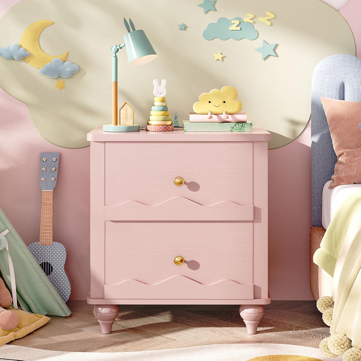 Cyclysio Pink Nightstand with Charging Station, Scalloped Bedside Table with 2 Smooth Drawers, Modern End Table with Solid Wood Legs for Bedroom and Small Spaces