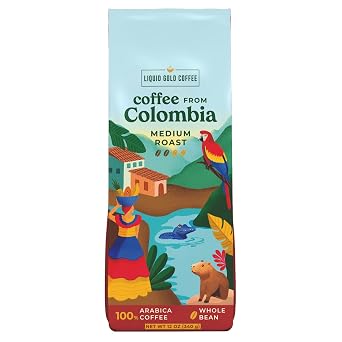 Liquid Gold Coffee from Colombia Whole Bean Medium Roast, 12 OZ Bag 340 Grams, Excelso Ixtapa Coffee, European Preparation Standard, Fresh Small Batch Roasted in USA