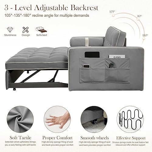 Miniatura 5 de GEEVIVO Sofá cama extraíble, sofá cama de 55.5 pulgadas, con bolsillo lateral, respaldo ajustable y almohada de cintura, adecuado para espacios