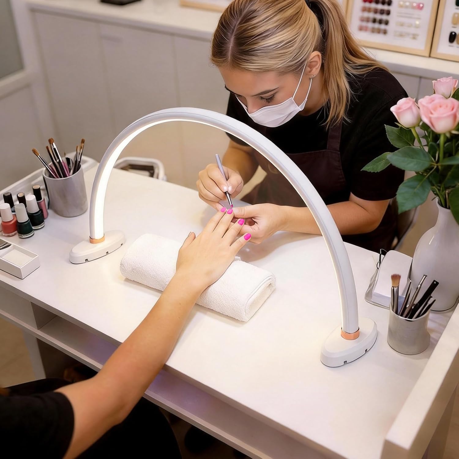 Half Moon Light for Nail Desk 20 inch Nail Desk Light Half Moon Lamp Portable Arch Lamp Dimmable with Foldable Bracket for Desk Salon Table Use, 3 Color Temperature