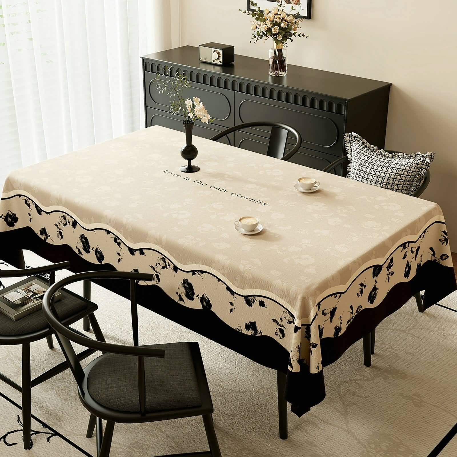 PVC Tischdecke Rechteckig Abwaschbar, Beige Schwarz | 140x220cm