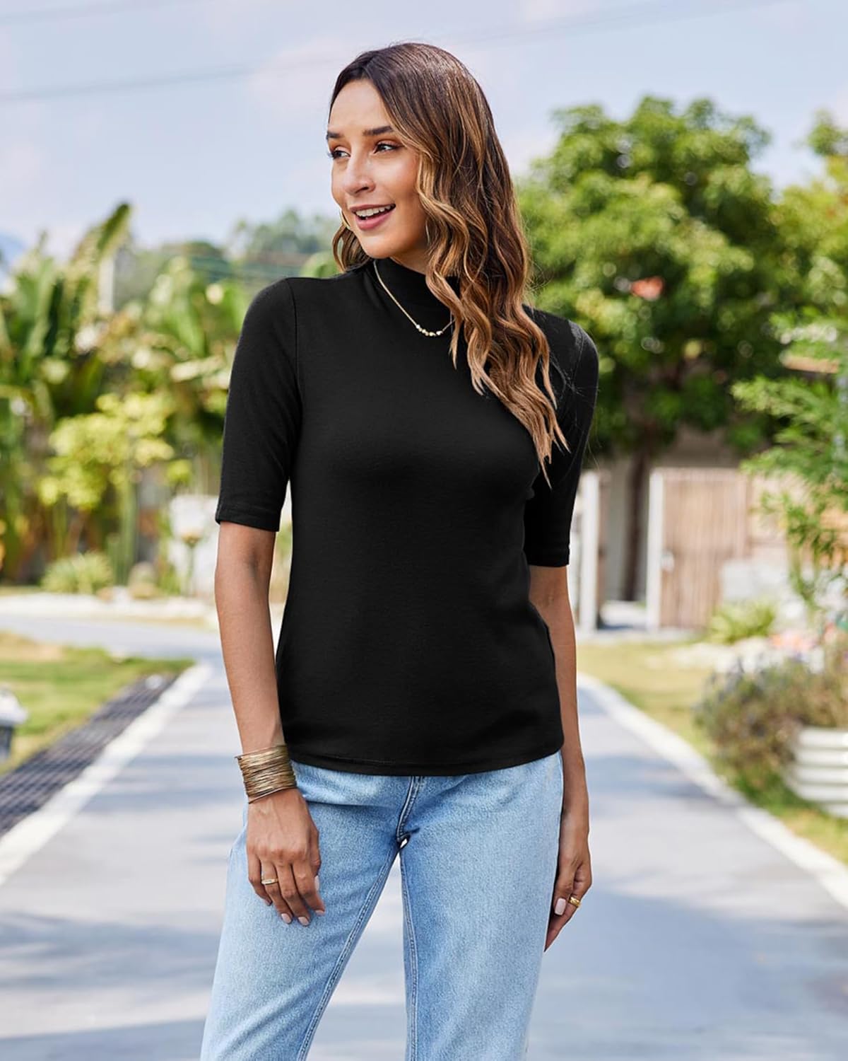 LaLaLa Womens Half Sleeve Mock Turtleneck Tunic Tops Dressy Casual Spring T Shirts Slim Fit Basic Tops - Image 5