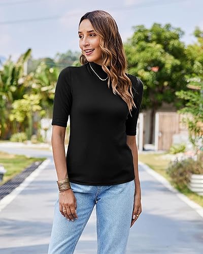 Miniatura 5 de LaLaLa Camiseta de media manga para mujer, cuello alto, elegante, casual, para primavera, ajustada, básica