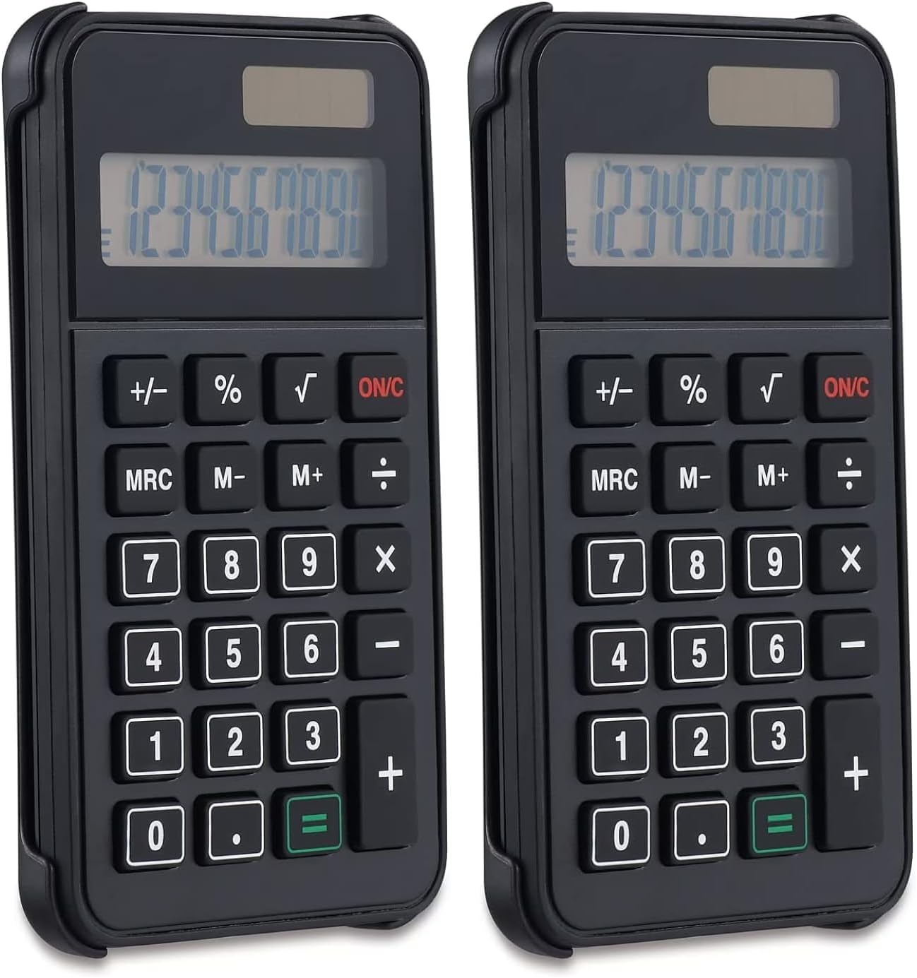1InTheOffice 10 Digit Pocket Calculator, Dual Powered Handheld (Solar and Battery), Black, 2 Pack