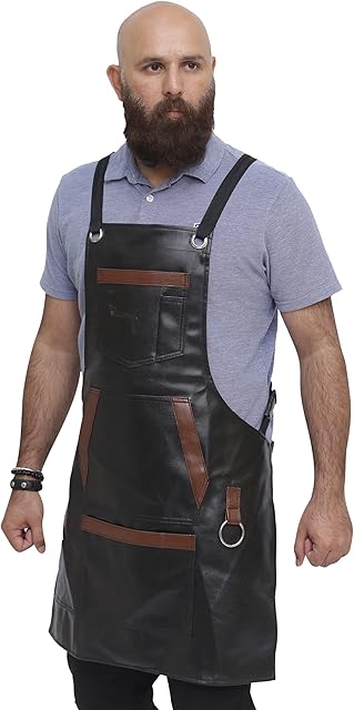 ZAMAHA UK® Professional Synthetic Leather Barber Apron with 7 Pockets, Apron for Hairdressing Bbq Kitchen Carpenter, adjustable straps with rings (Black)
