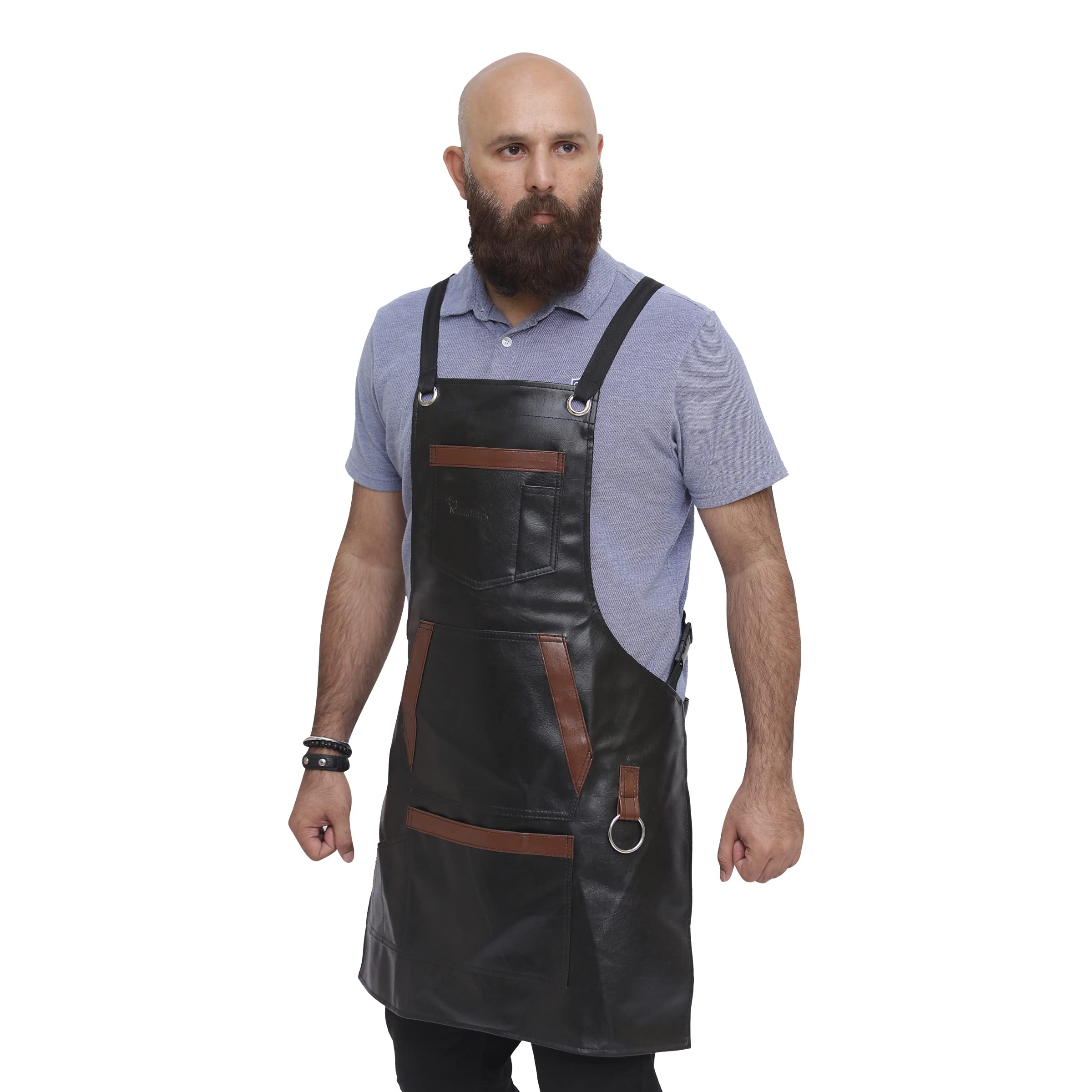 Professional Synthetic Leather Barber Apron with 7 Pockets, Apron for Hairdressing Bbq Kitchen Carpenter, adjustable straps with rings (Black)
