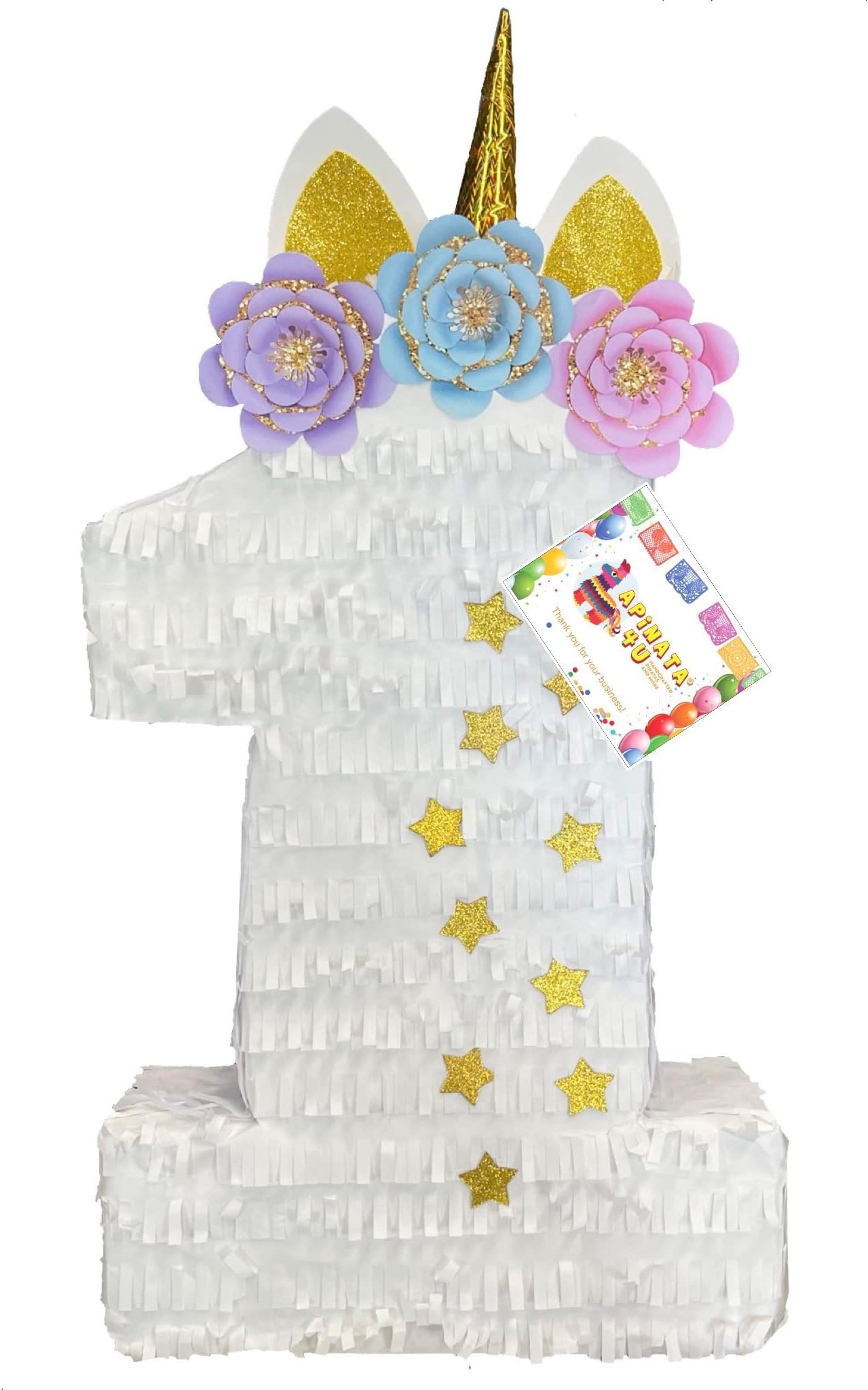 APINATA4U Unicorn Number One Pinata with Flowers Teal Lavender Pink Unicorn Themed Birthday Party Supplies Decorations First Birthday 1st White Color Gold Stars