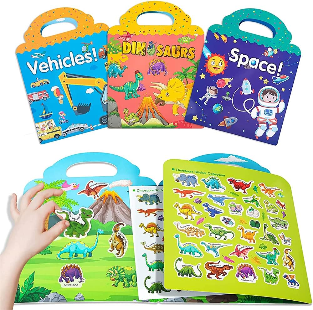 Sticker Book Toys, Children Scene Stickers for Kids 3-5 Boy Girl Gifts, Reusable Static Sticker DIY Learning Toys for Great Birthday Gift, Vehicles Dinosaur Space (3 Pcs)