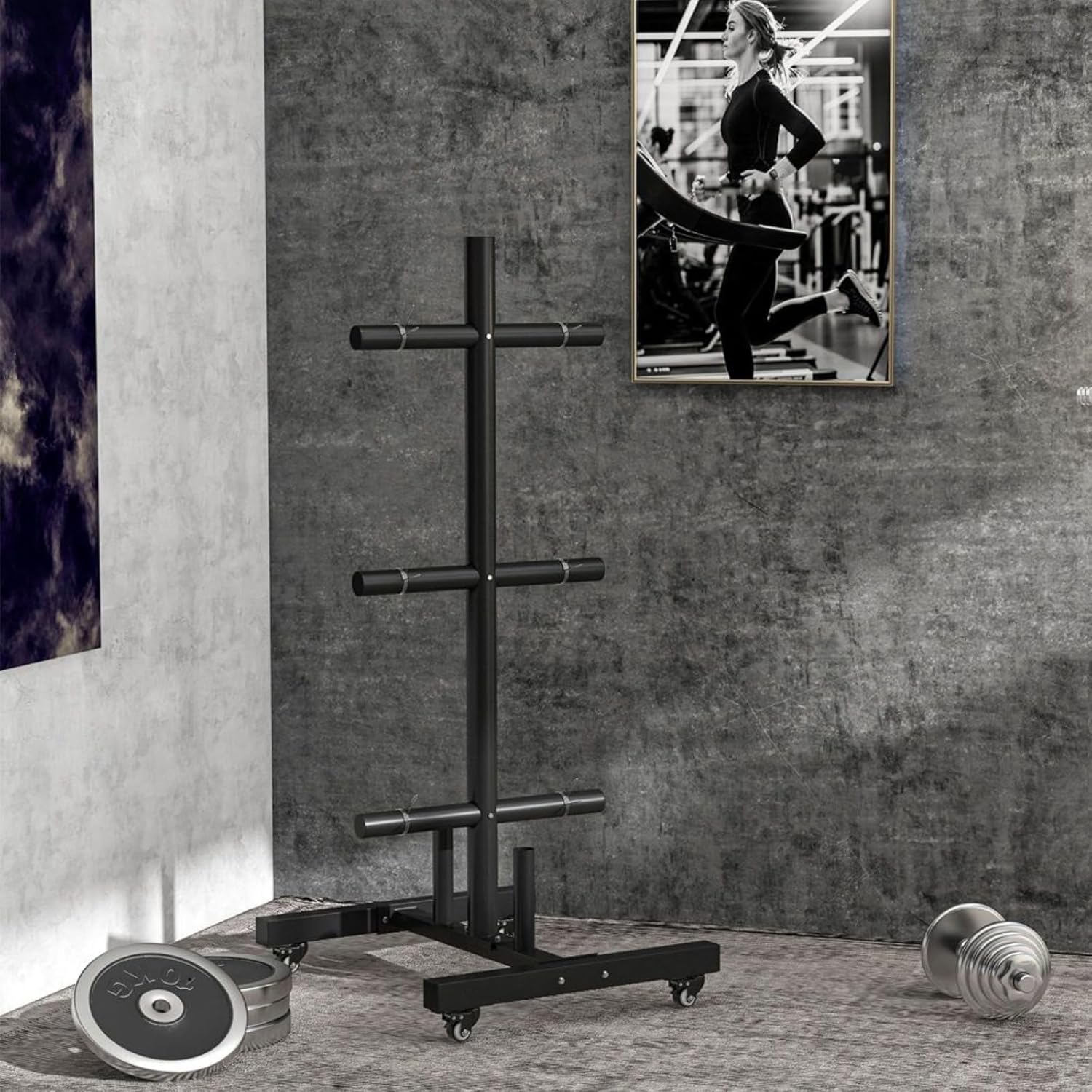 Olympic Bumper Weight Plate Rack Holder for 2 inch Plates and Bars, with 4 Transport Wheels and 6 Fasten Clamps, 440lbs Capacity