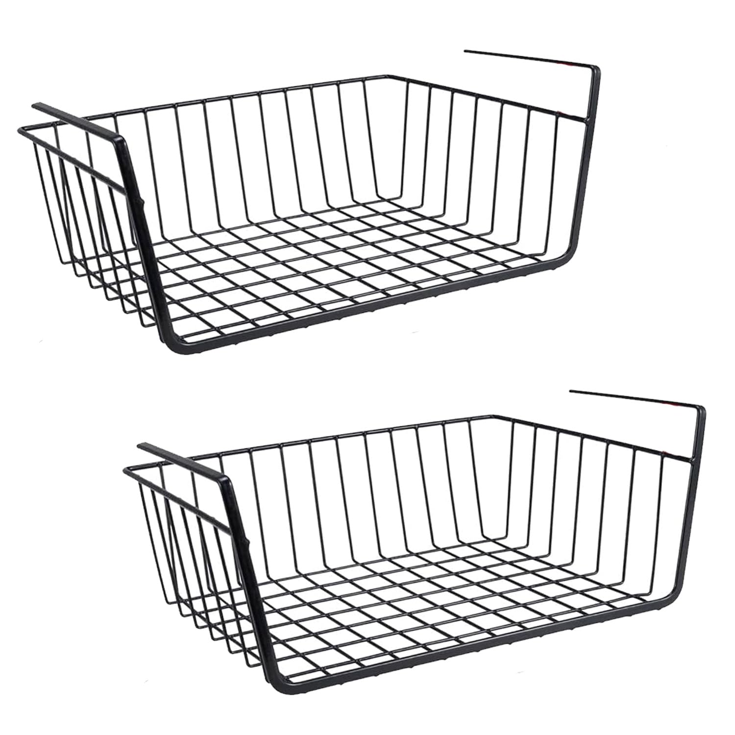 Go Hooked 12 Inch Undershelf Storage Basket Pack of 2 | Multipurpose Under Shelf Organizer | Hanging Wire Basket for Cabinet, Shelf, Pantry, Cupboard, Closet, Desk, and Bathroom (Black)