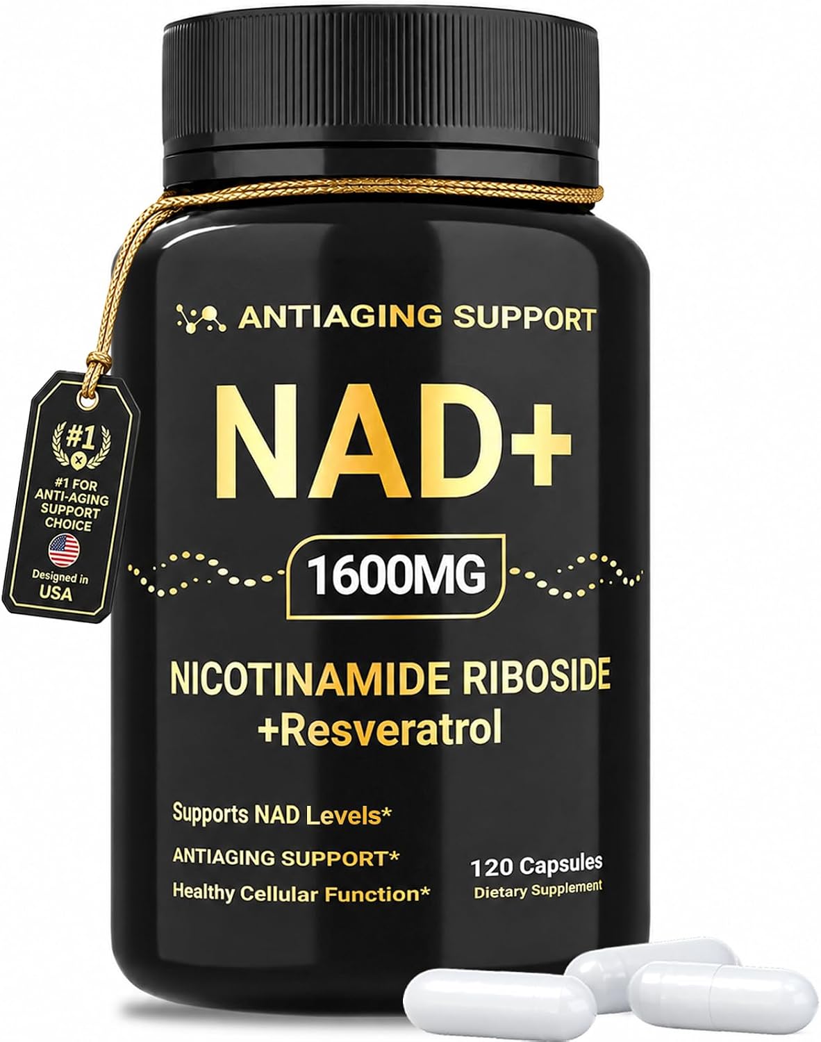 NAD Supplement 1600mg, NAD+ with Resveratrol & Nicotinamide Riboside, Anti-Aging Support, Cellular Energy & Mental Clarity Support, Vegan Non-GMO, 120 Capsules