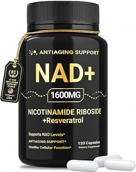 NAD Supplement 1600mg, NAD+ with Resveratrol & Nicotinamide Riboside, Anti-Aging Support, Cellular Energy & Mental Clarity Support, Vegan Non-GMO, 120 Capsules