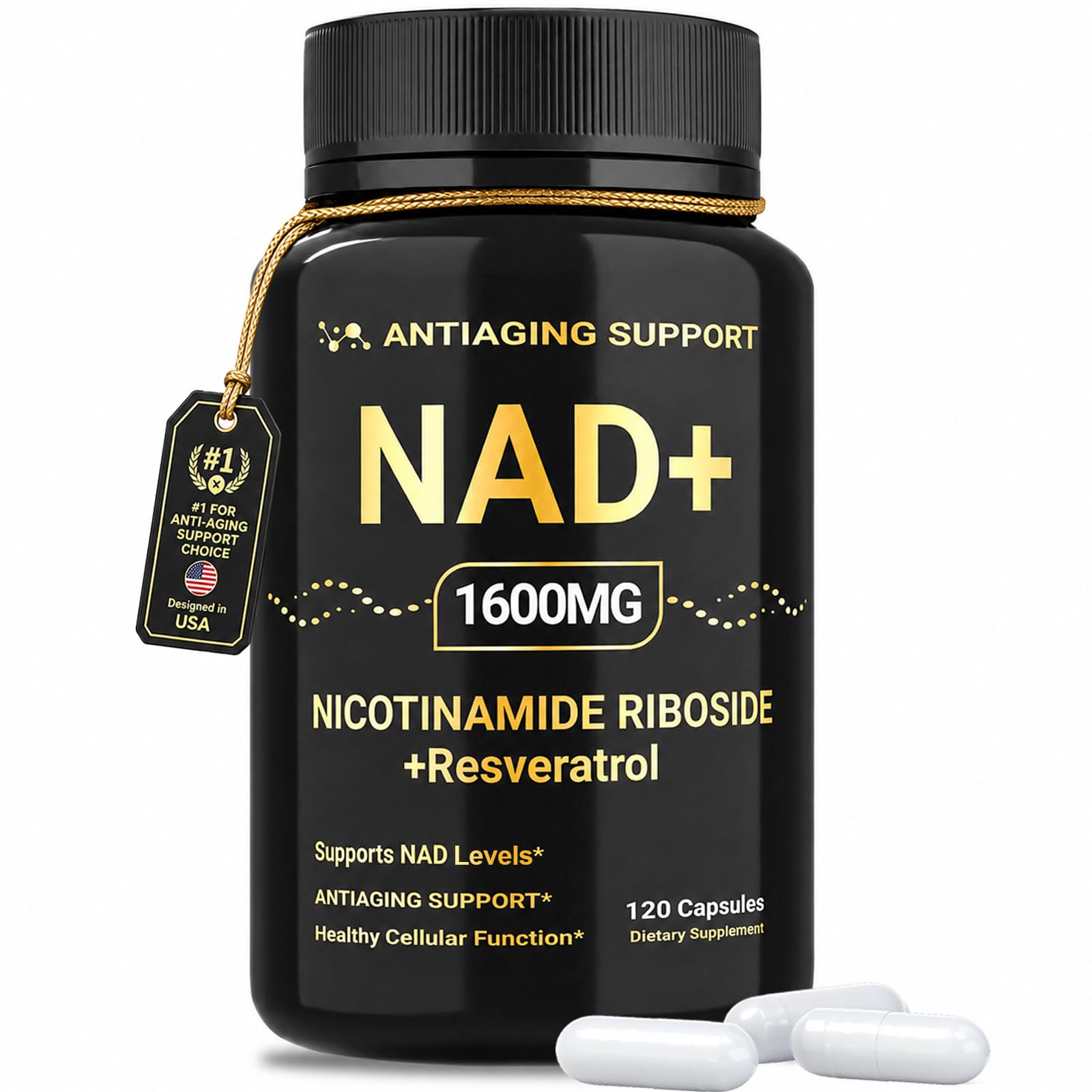 NAD Supplement 1600mg, NAD+ with Resveratrol & Nicotinamide Riboside, Anti-Aging Support, Cellular Energy & Mental Clarity Support, Vegan Non-GMO, 120 Capsules