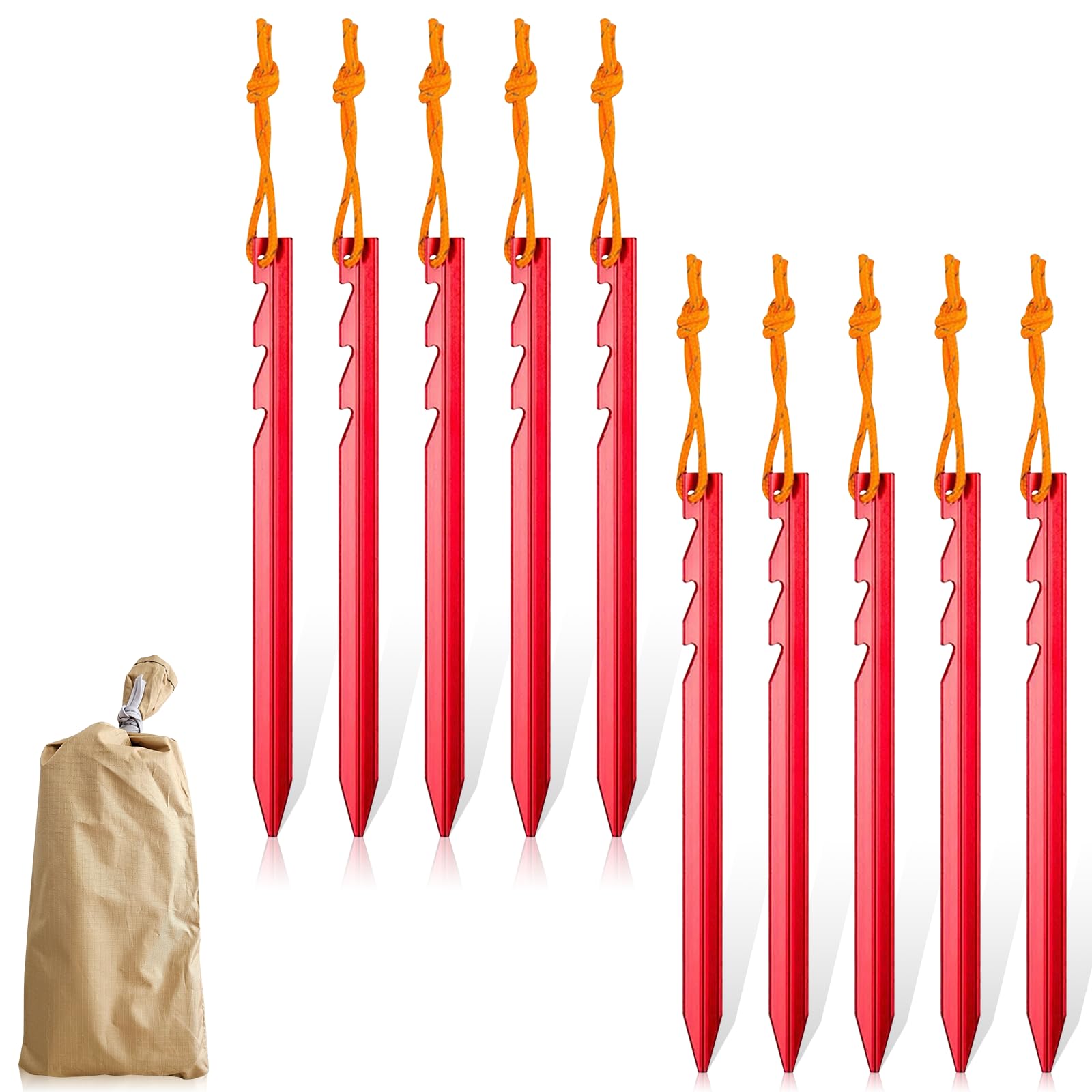 10 Picchetti Da Tenda In Alluminio A Profilo V Con Corda Riflettente Rossa – Per Campeggio E Spiaggia