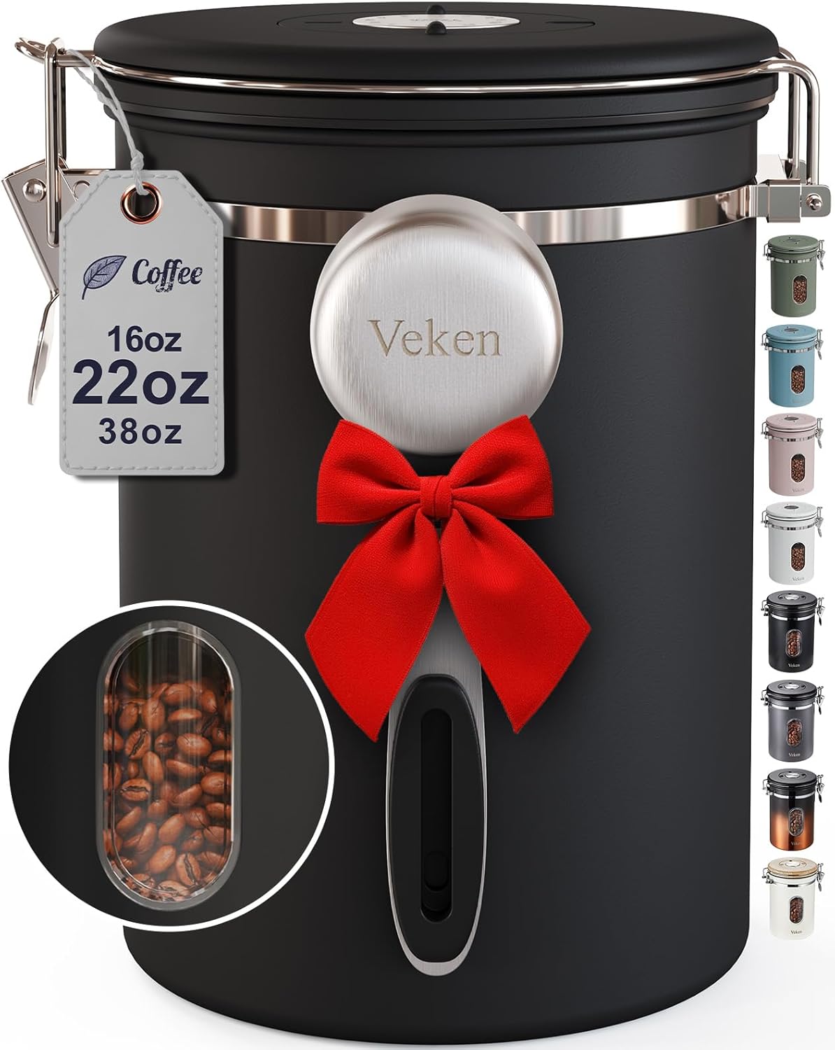 Veken Coffee Canister with Window,Airtight Stainless Steel Pantry Container,Home Kitchen Food Storage Organizers for Ground,Beans,Espresso,Rice,Tea,Sugar,Cereal, Decor,Bar Accessories,Gifts,22OZ,Black