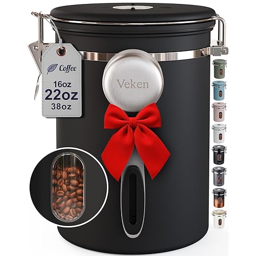 Veken Coffee Canister with Window,Airtight Stainless Steel Pantry Container,Home Kitchen Food Storage Organizers for Ground,Beans,Espresso,Rice,Tea,Sugar,Cereal, Decor,Bar Accessories,Gifts,22OZ,Black