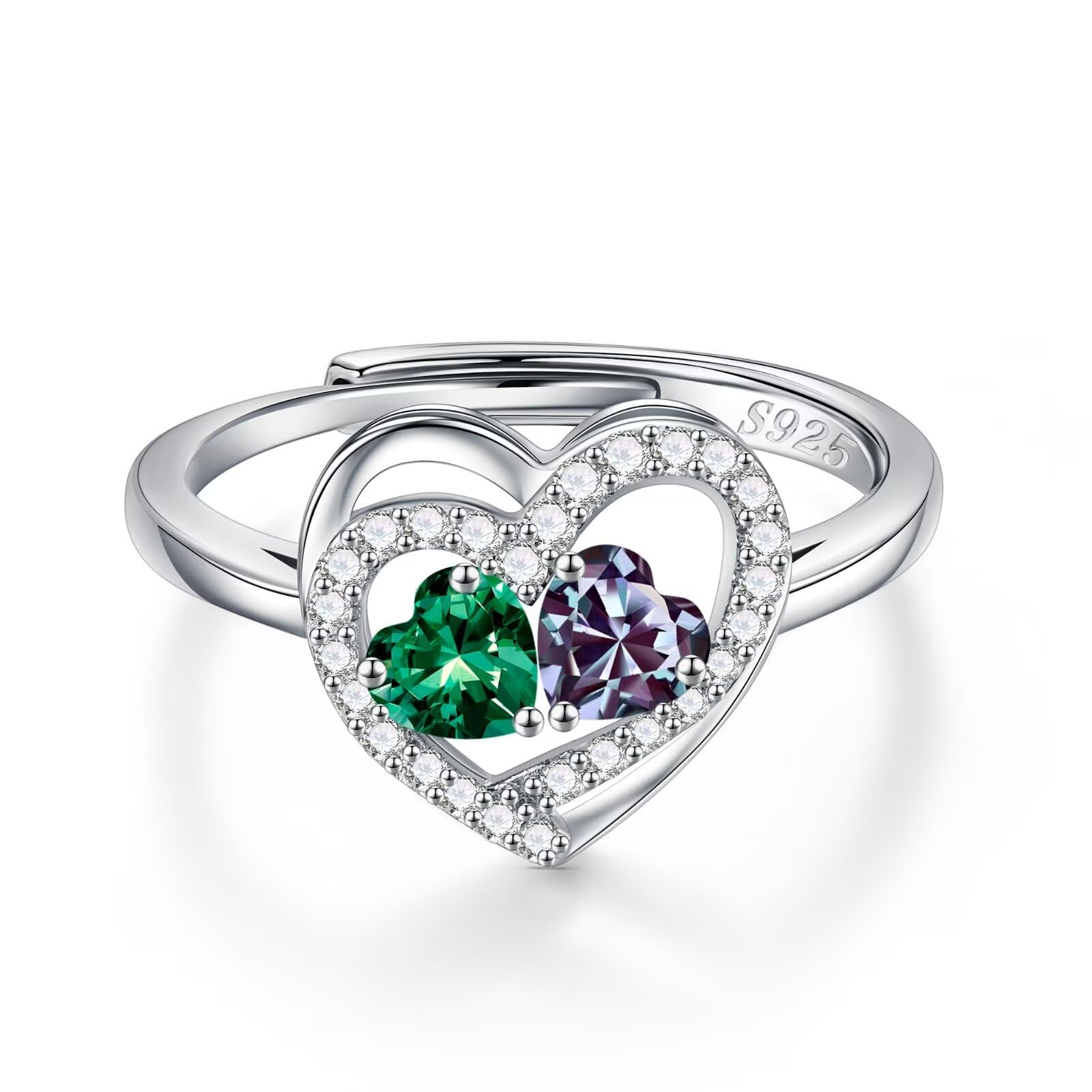Iefil Adjustable Ring for Women - 925 Sterling Silver Double Birthstone Rings, Anniversary Birthday Gifts for Women Wife Her