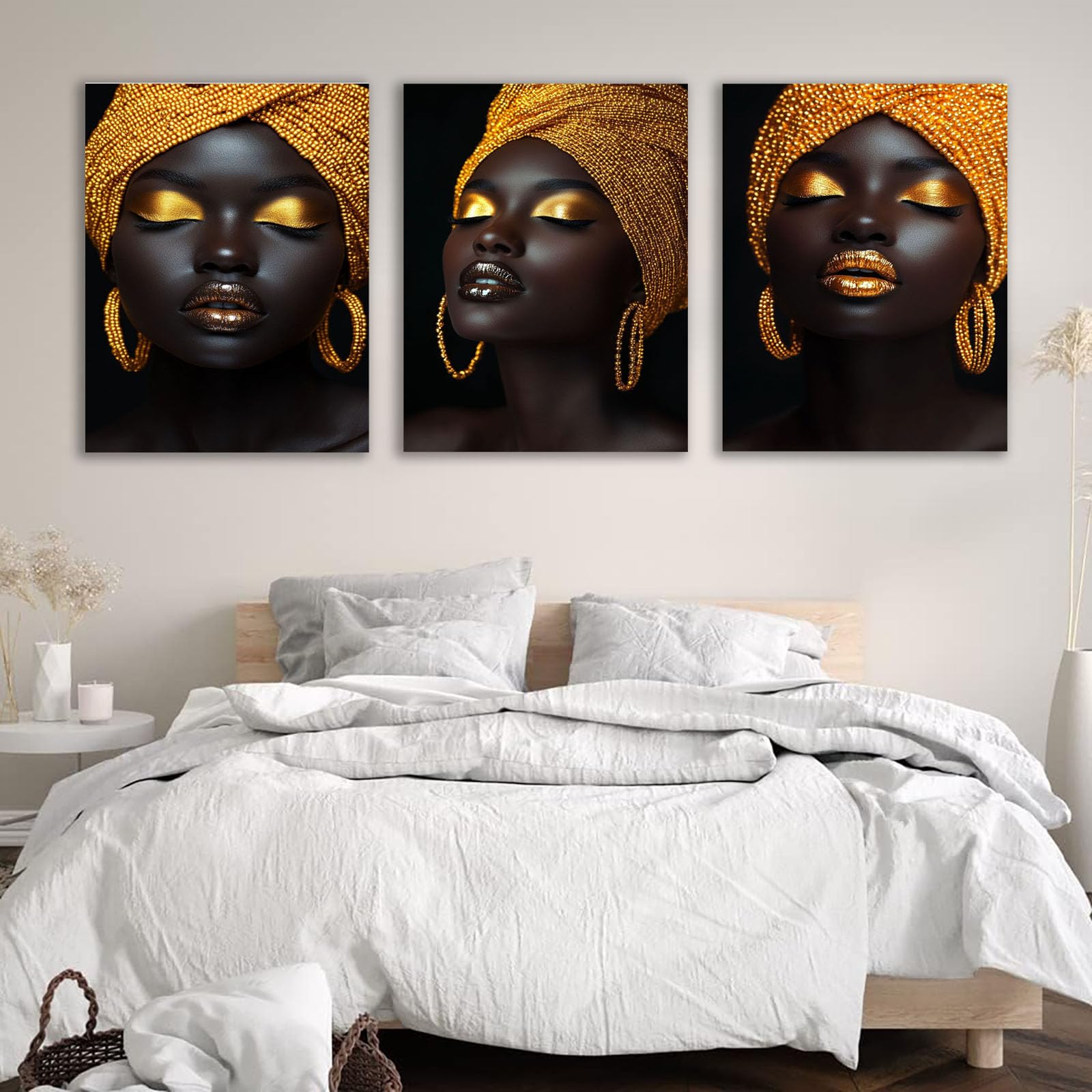 TZKRWRH Set de 3 Marco Cuadros Decoracion Salon Mujer Negra y Dorada Modernos Abstracto Cuadro Decorativos, Mujer Impresiones Sobre Lienzo posters（Oro 5-60x90cmx3 Sin marco