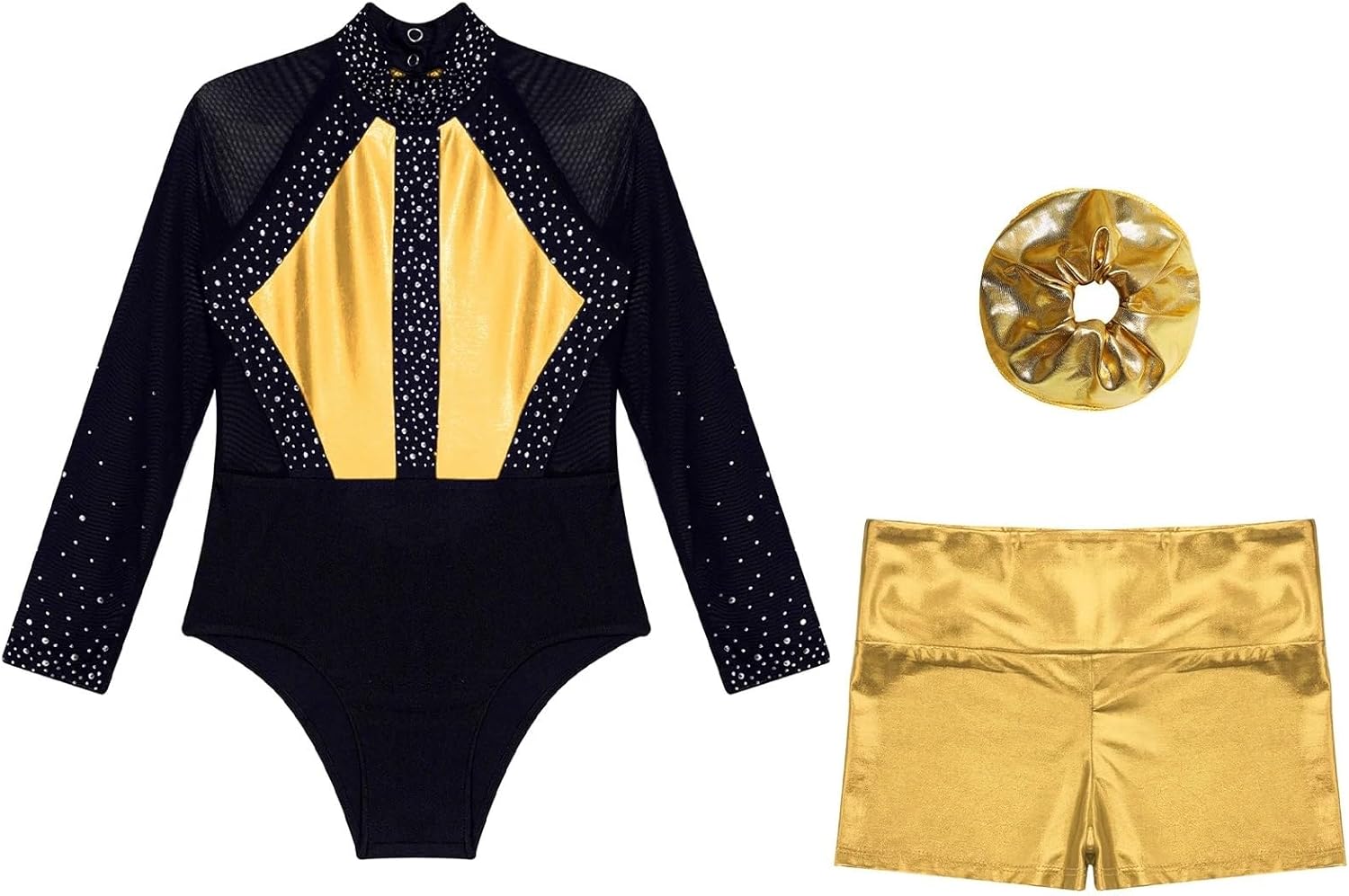 Skating Jumpsuit Bodysuit Ballet Dance Outfits Girls Color Block Rhythmic Gymnastics Leotard With Metallic Shorts