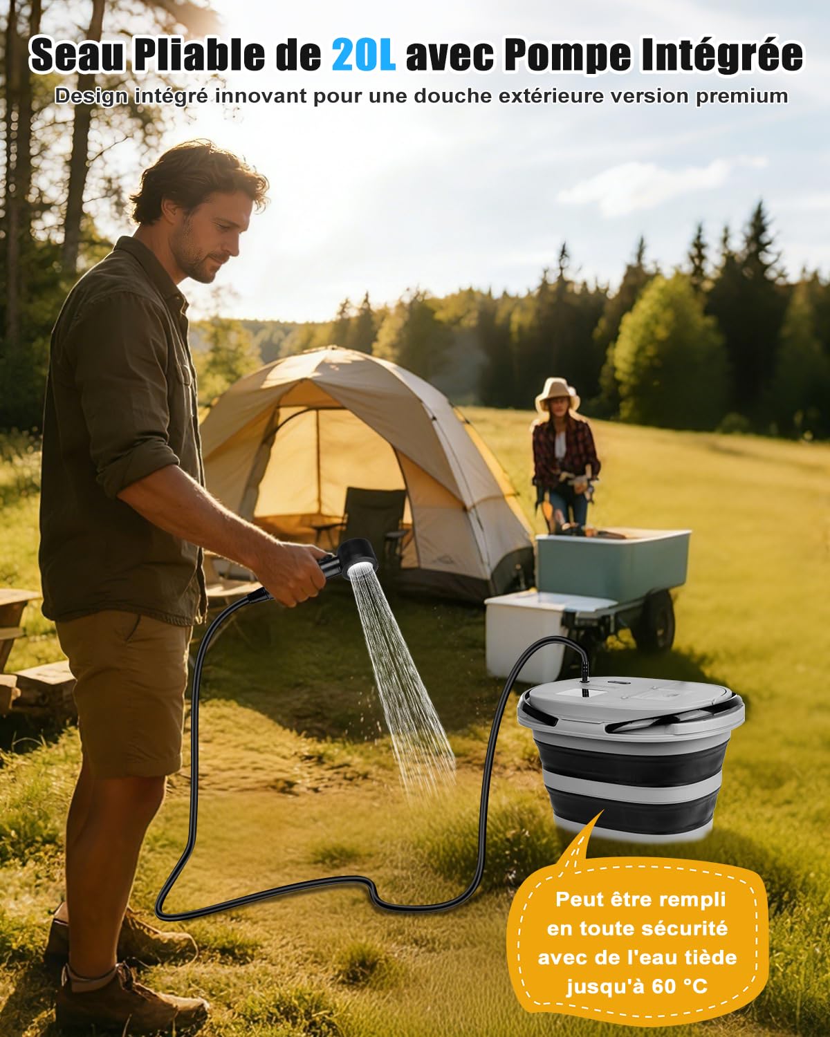 Douche de Camping, [IPX8-20L/13000mAh] Douche Portable,Pliable, écran LED,Longue Durée,5 Vitesses Réglables, Type-C, pour Fruits, Bain des Animaux Domestiques,Voyages,Camping,Gift
