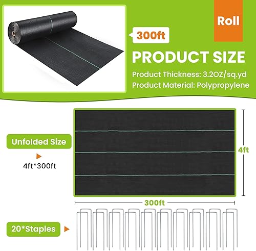 Miniatura 9 de Tela de barrera de malezas resistente de 6 x 300 pies, tela geotextil tejida de 3.2 onzas, alfombrilla de jardinería para bloque de malas hierbas,