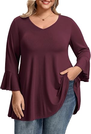 LARACE Womens 3/4 Length Ruffle Sleeve Plus Size Tops V Neck Tunic Shirts