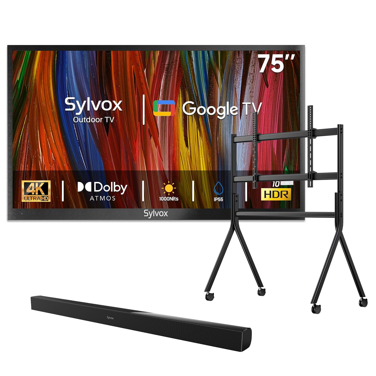 SYLVOX Outdoor TV with Rolling Stand Soundbar 75 inch 4K Smart TVs Weatherproof IP55 Waterproof Support Google Assistant