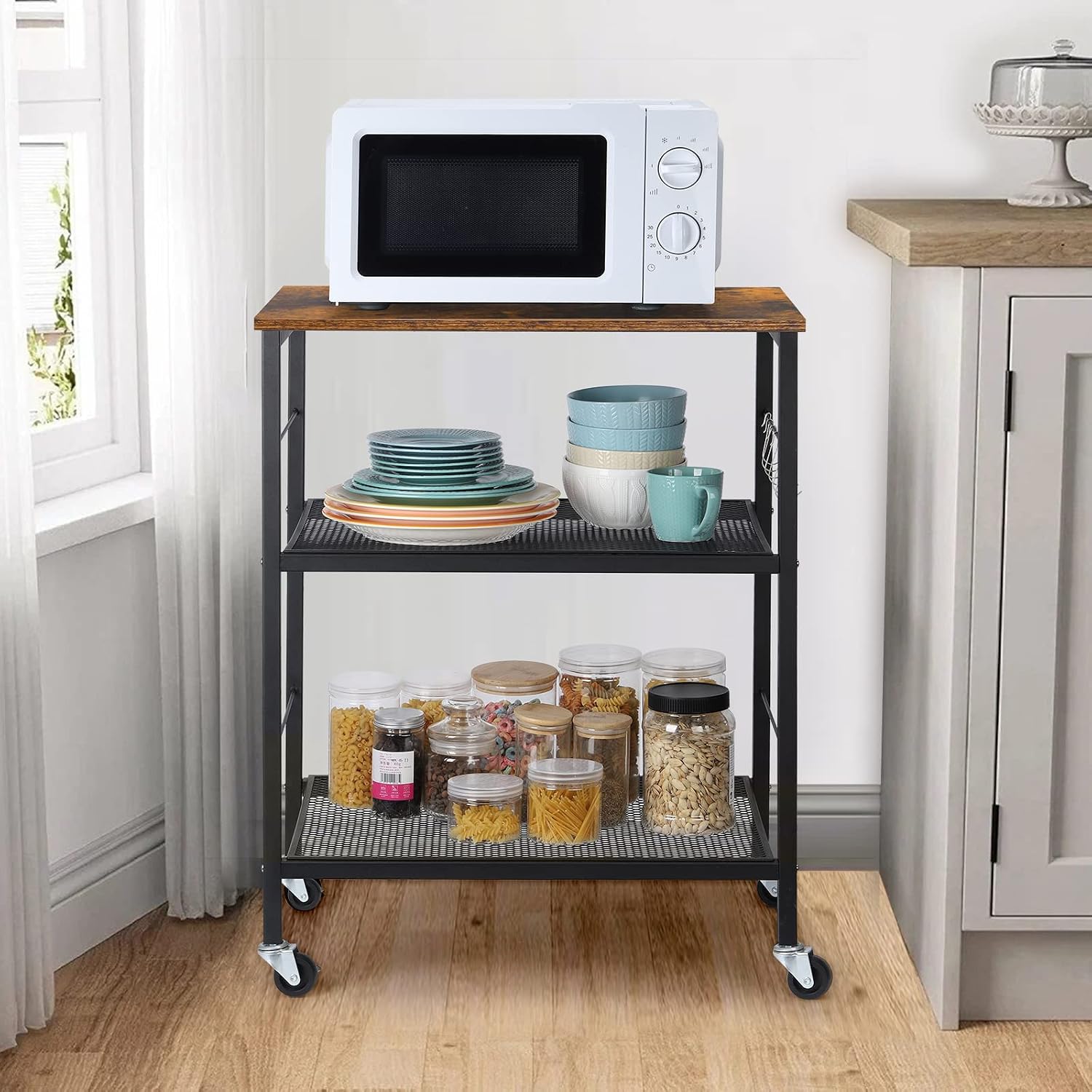 MOOACE Kitchen Microwave Rack, 3-Tier Mesh Utility Storage for Living Room, Wood Look Accent Furniture with Metal Frame, Rustic Brown