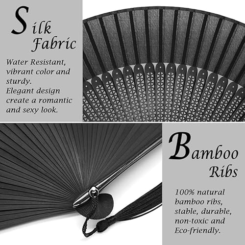 Miniatura 6 de OMyTea Abanico de bambú plegable negro sexy para mujer, ventilador de mano chino, japonés, español, para bodas, decoración, actuaciones, bailes,