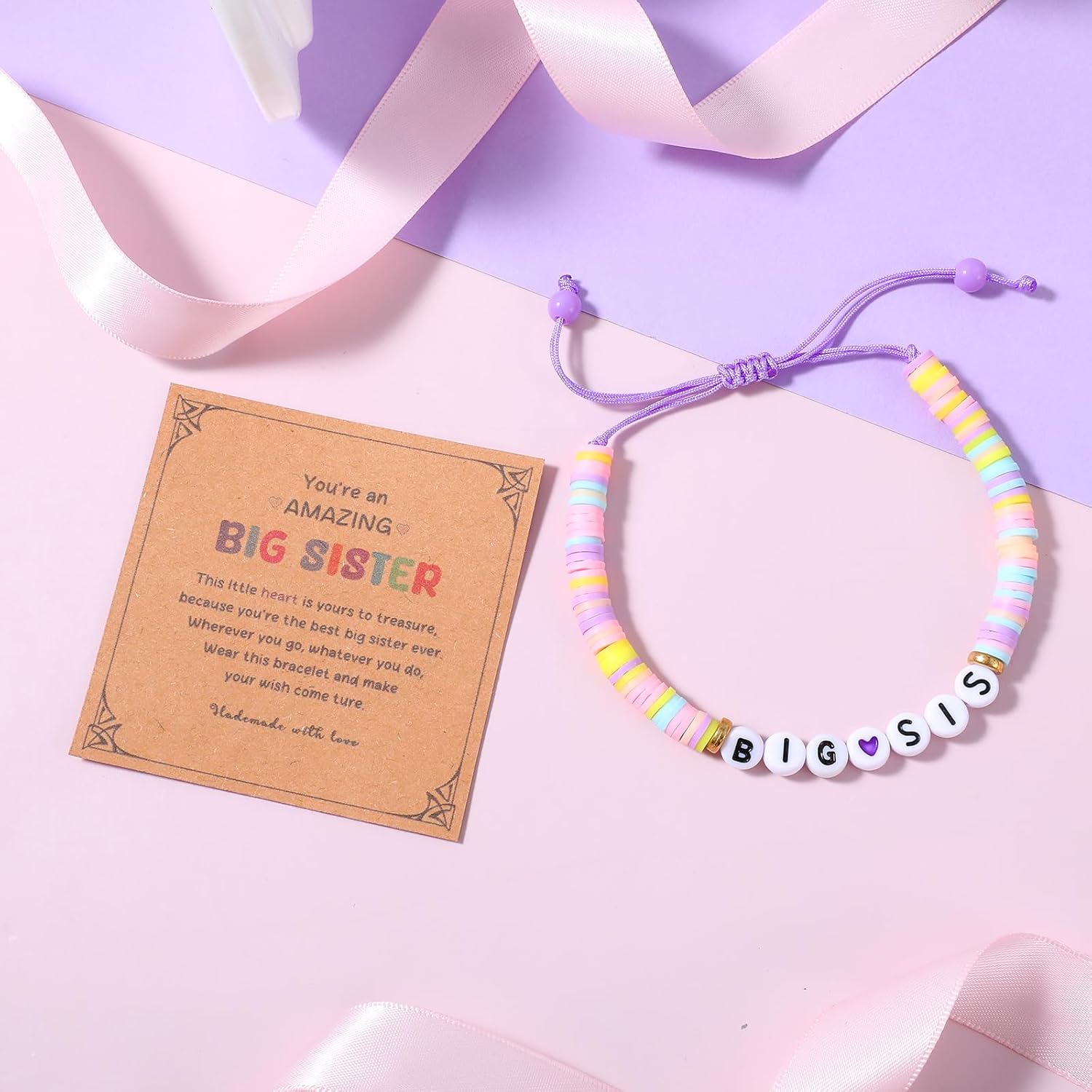 Big Sister Bracelets Big Sis Stackable Bracelet Surfer Stretch Accessories Jewelry Pink Purple Purple Rainbow Beads Bracelets for Birthday Christmas Announcement Jewelry Daily Wear - Image 3