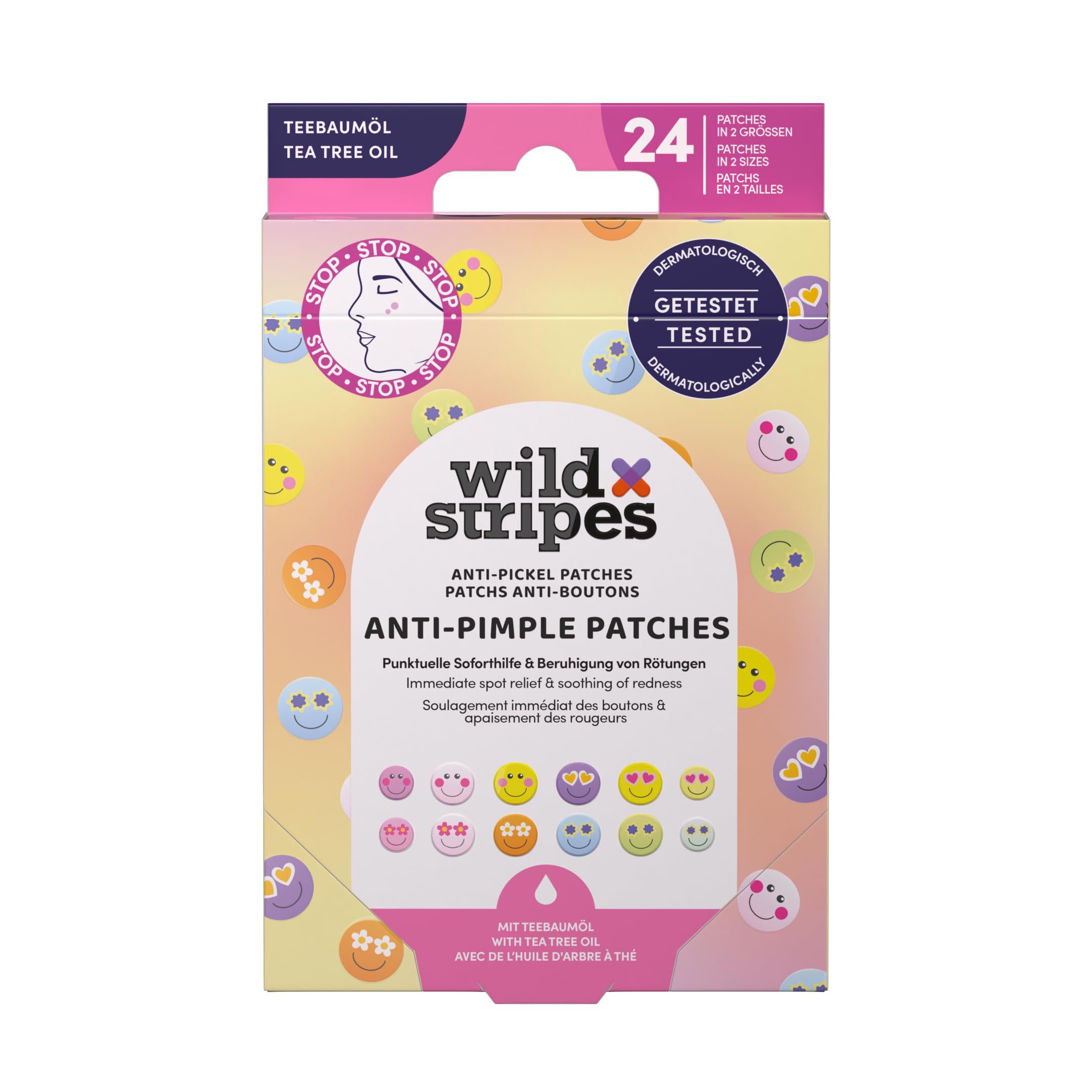 Wild Stripes - Anti-Pimple Patches Smile Stop - Cerotti brufoli colorati con olio di tea tree per cura rapida ed efficace - Anti brufoli e punti neri - Pelle impura - 24 pezzi