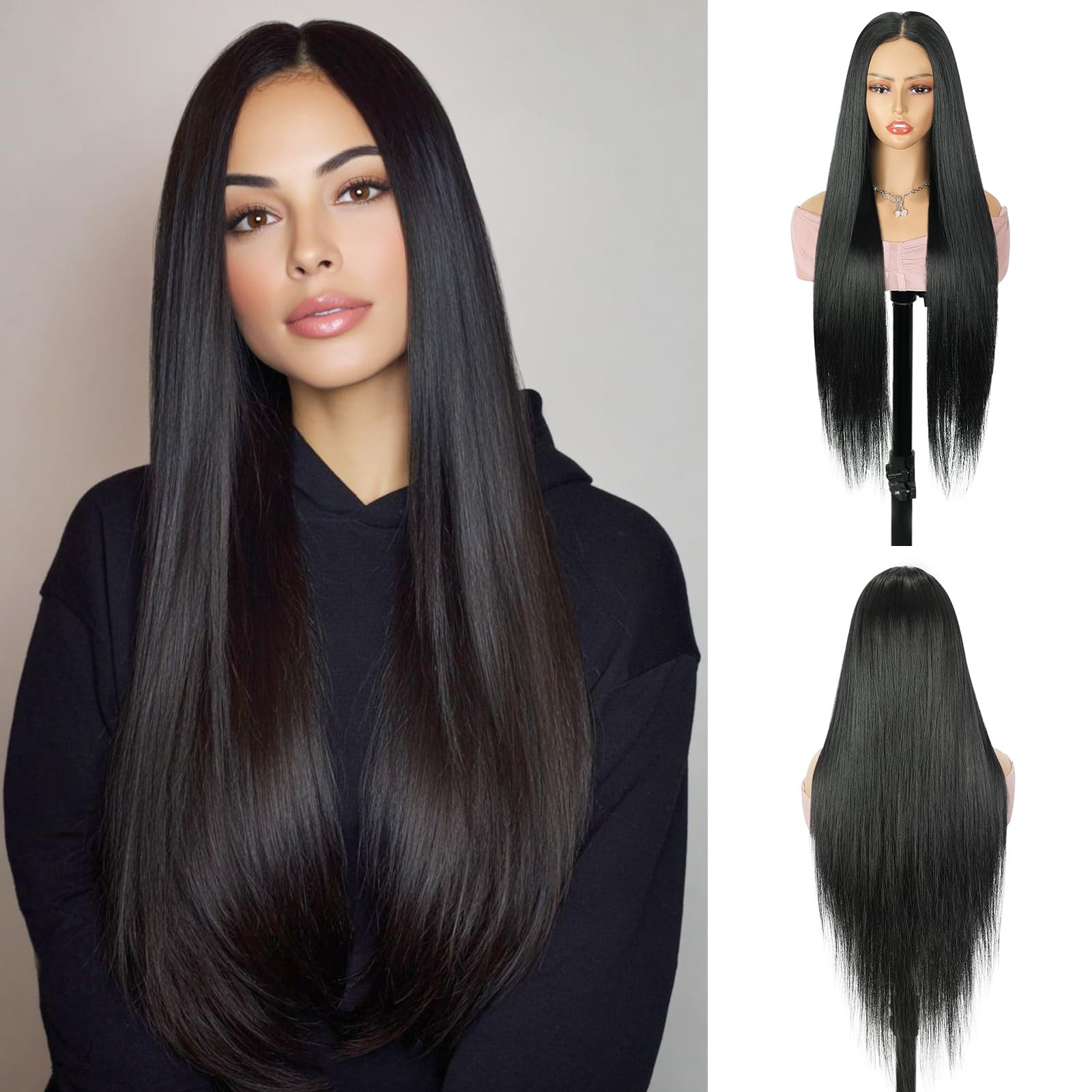 Creamily 5x5 Straight Lace Front Wigs Wear and Go Glueless Wigs Pre Plucked Pre Cut Long Black Wig HD Lace Closure Wig 31 Inches Synthetic Hair Wig-image-5