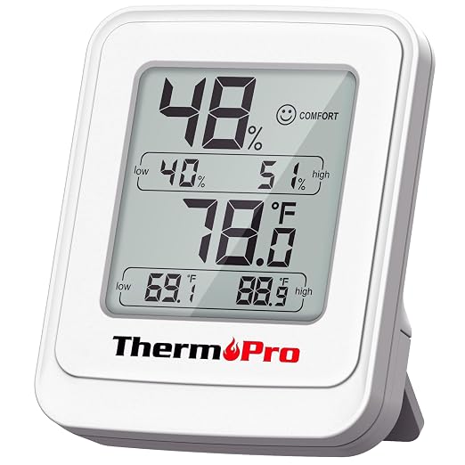 ThermoPro TP150 Greenhouse Thermometer Hygrometer showing the front display with temperature and humidity readings