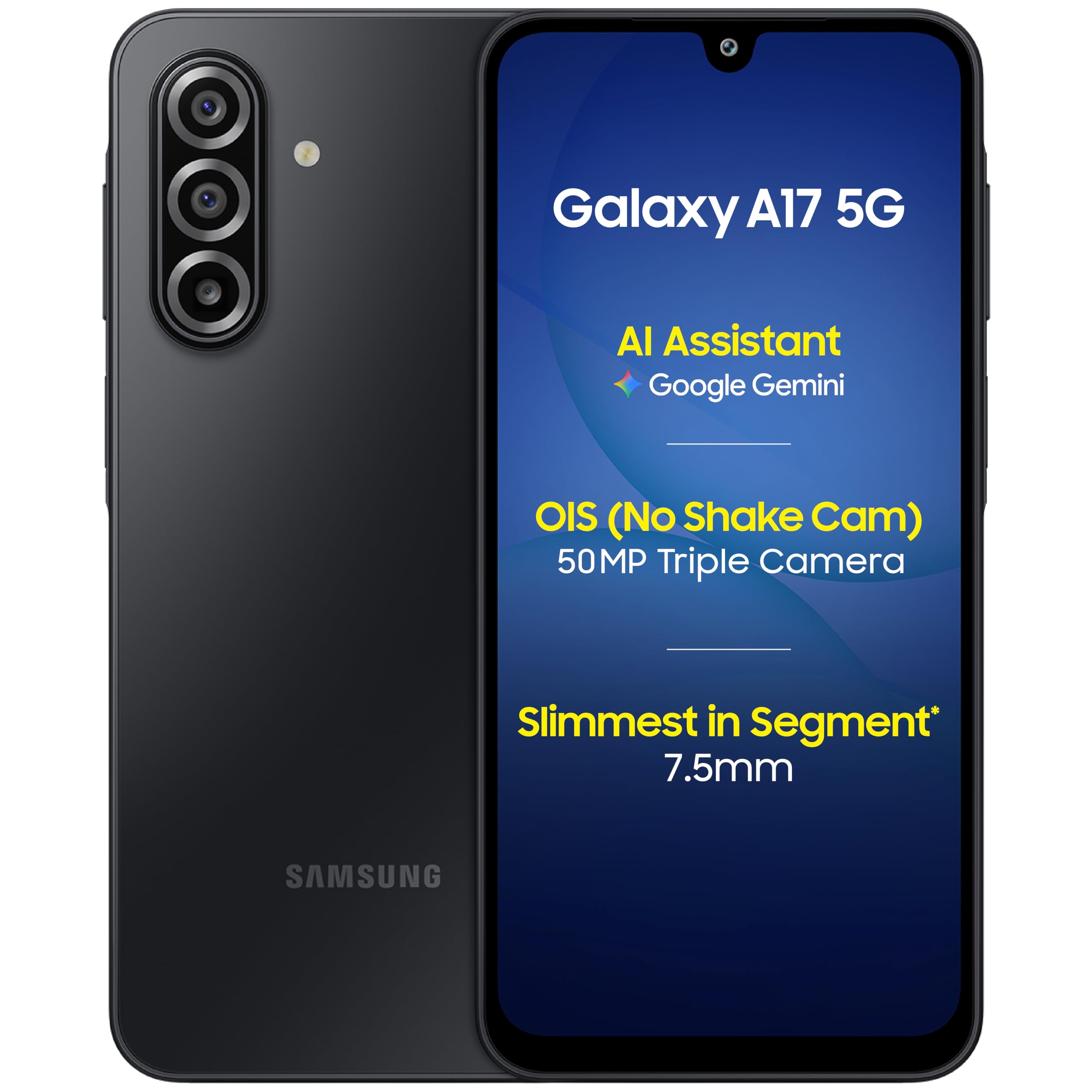 samsung galaxy a17 5g (black, 8gb ram, 128gb storage) | 50 mp no shake camera | gemini live | circle to search | super amoled | corning gorilla glass victus | 7.5mm sleek | ai