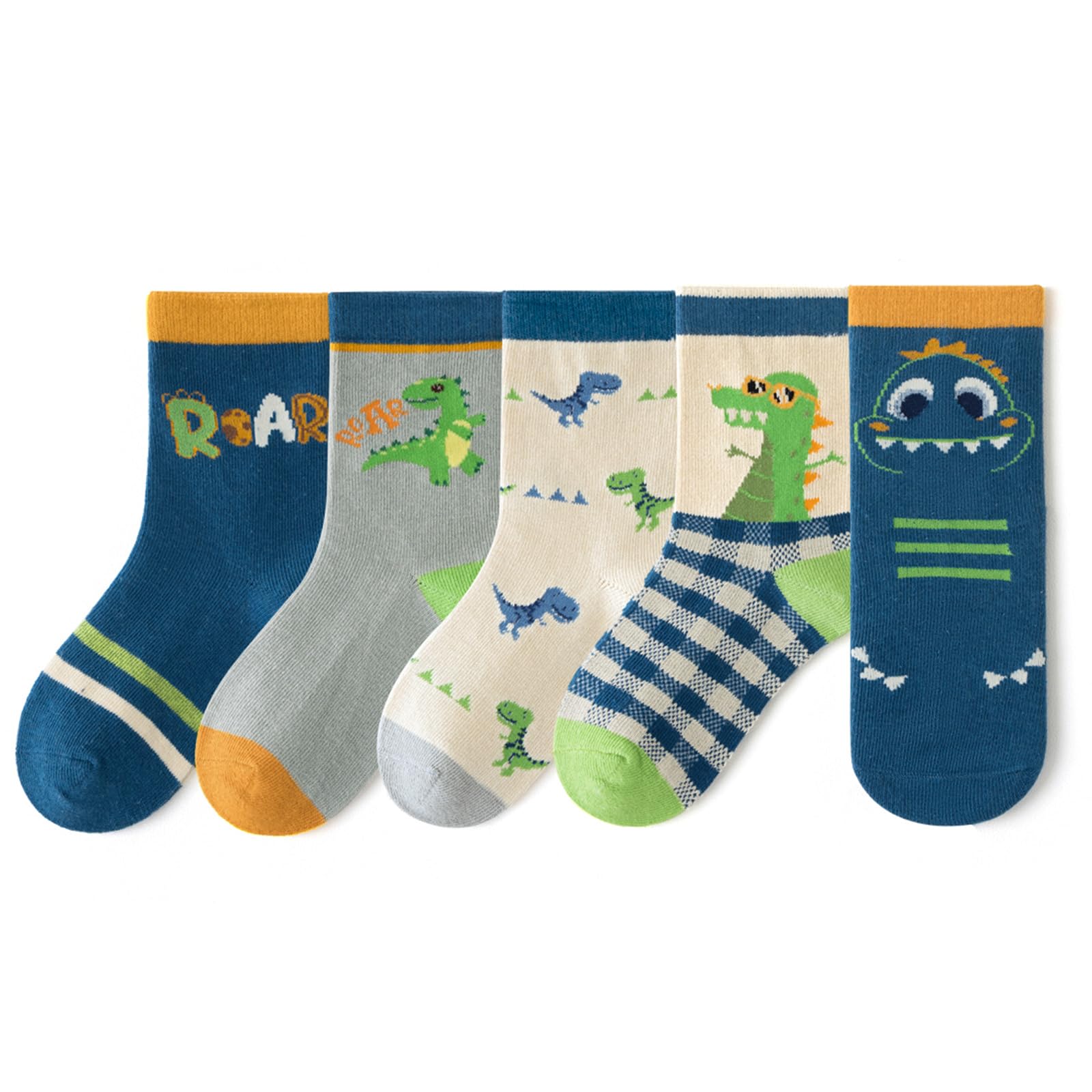 Bacnlip 5 Pairs Girls Boys Calf Socks Kids Cotton Soft Toddler Novelty Animal Socks(Navy Dinosaur, 6-8 Years)