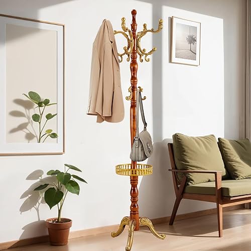 Miniatura 8 de Perchero de Madera de 73 Pulgadas, Perchero Independiente con Base Redonda Estable, Soporte de Perchero Tipo Árbol de Altura Ajustable para Hogar,