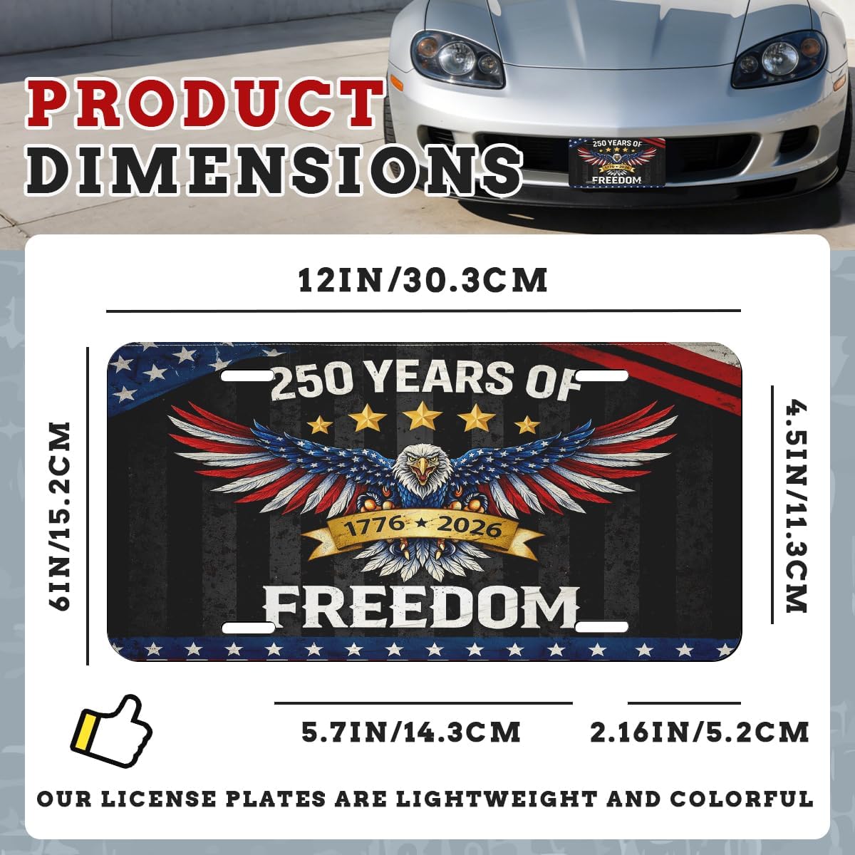 Eagle Freedom Front License Plate Patriotic Star Flag Vintage Anniversary Car Decorative License Plates Aluminum Metal Decor Accessory Novelty Vanity Tag Cover with 4 Holes for Men Women 6" X 12"