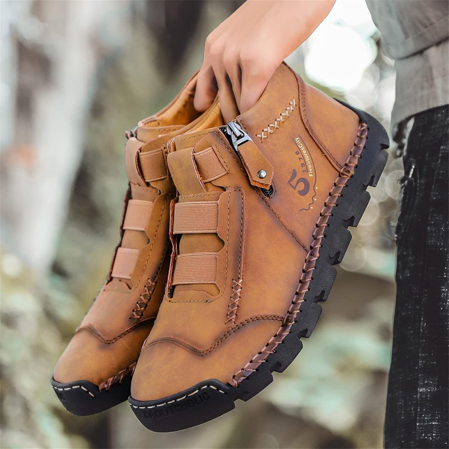 Black Leather Shoes for Men Casual Ankle Lace up Boots Slip on Lightweight Loafers Mid Top Walking Sneakers