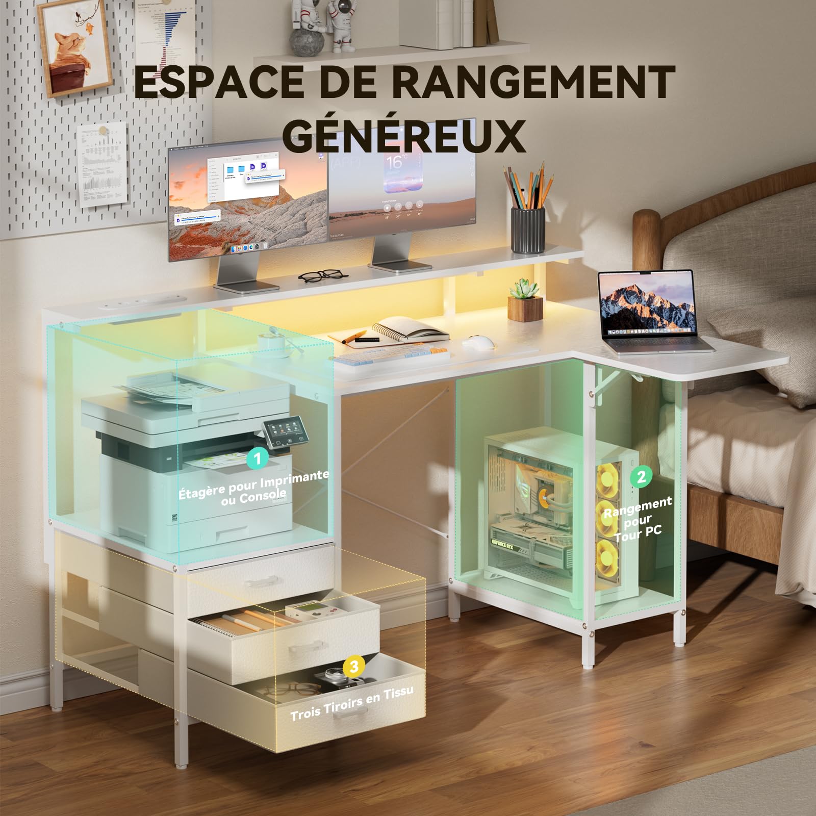SOLAVERO Bureau Gaming d'angle, Plateau Rabattable, 140 cm, Blanc