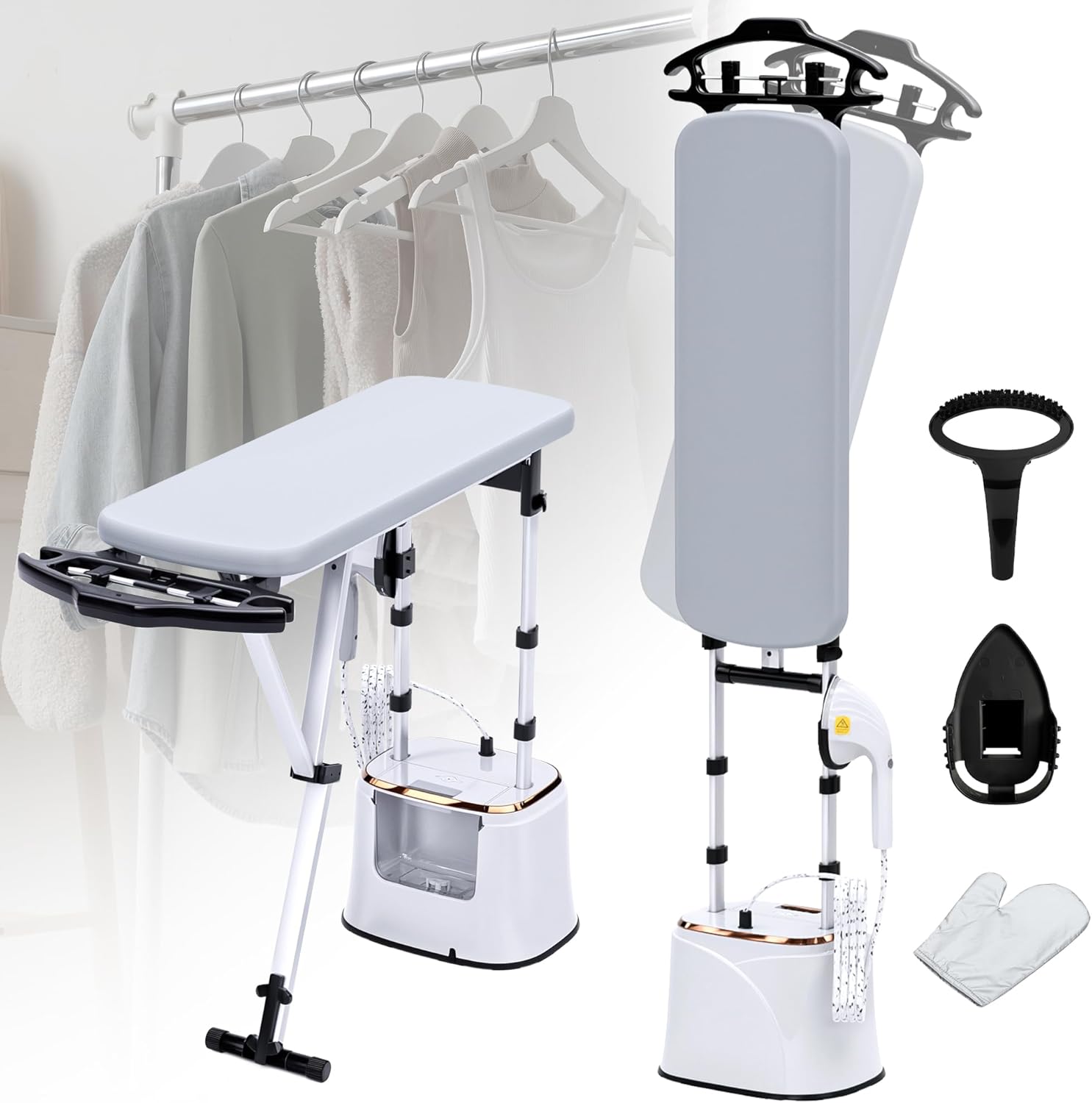 Standing Garment Steamer with Dry Ironing, 2000W Powerful Steamer for Clothes with with Flat & Slant & Hanging Iron Options,3 Steam Modes, 25s Fast Heat-Up, 2.2L Water Tank (White-Gold)
