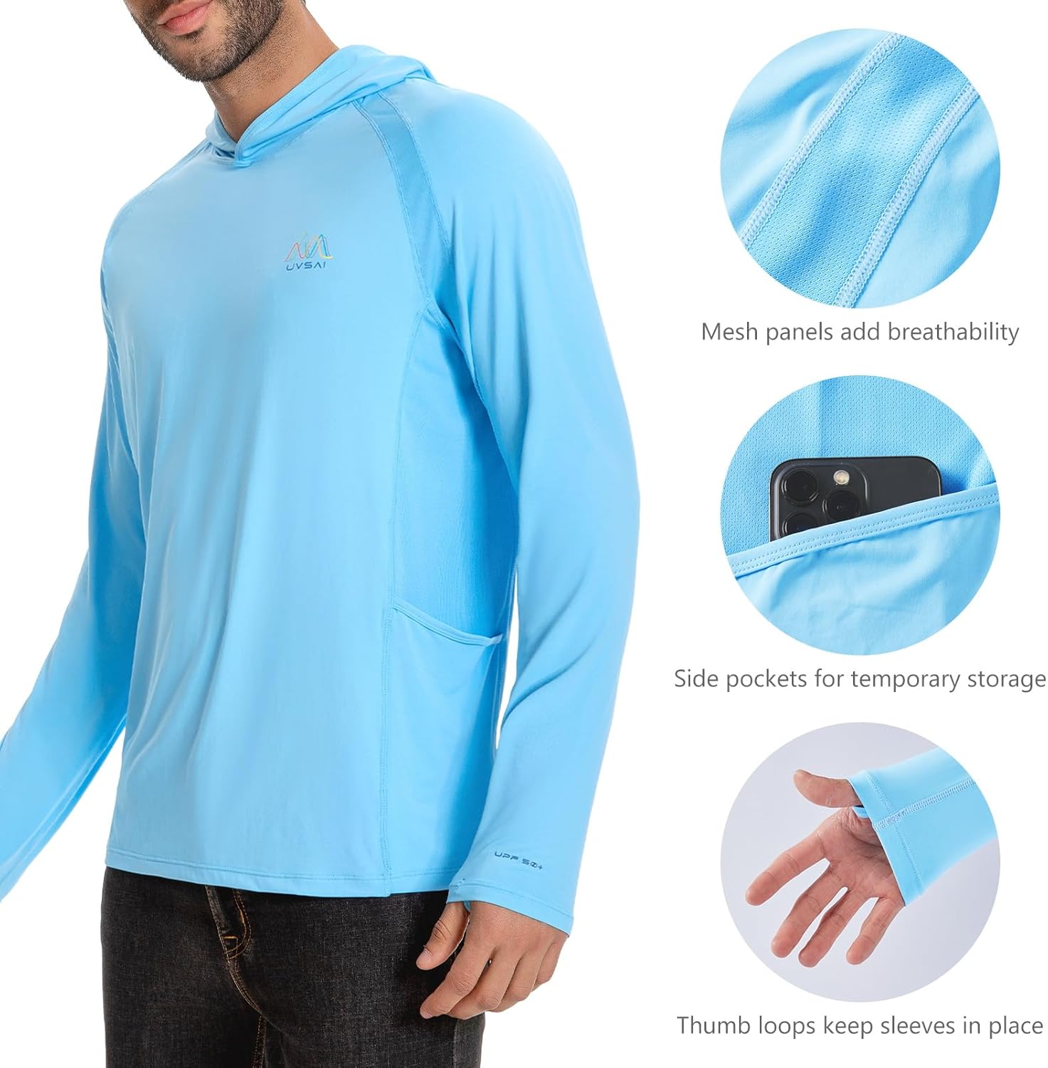 Men’s UPF 50+ Hoodie Shirt Long Sleeve Permanent UV Sun Protection Vented Tee Performance for Outdoor Hiking Fishing - Image 4