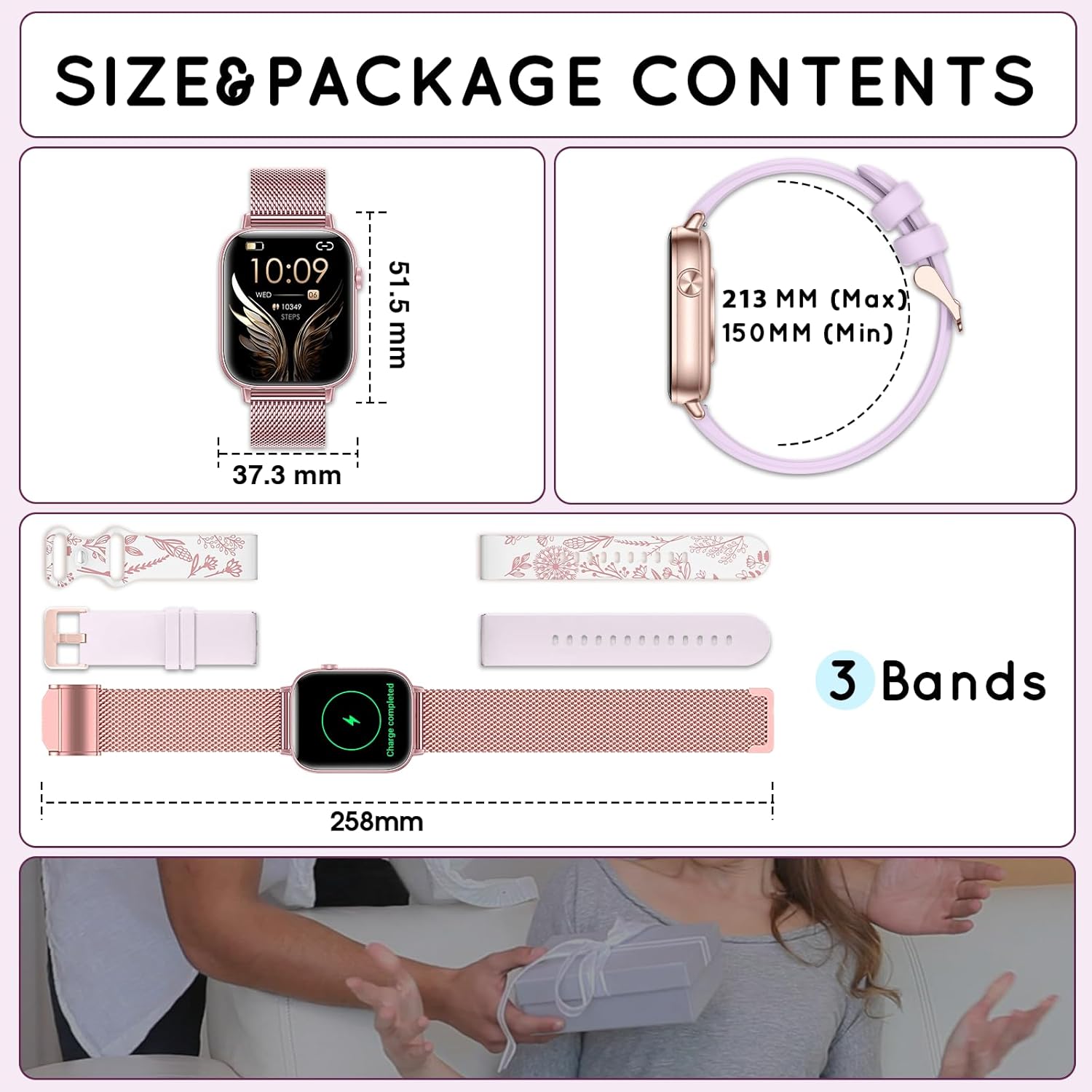Smart Watch for Women 1.83" HD Fitness Smartwatch Compatible Android & iPhone Phones with Step Tracker/Heart Rate/SpO2/Sleep Monitor, 120+ Sports Modes Bluetooth Calling Watches, 3 Bands/Gift Womens