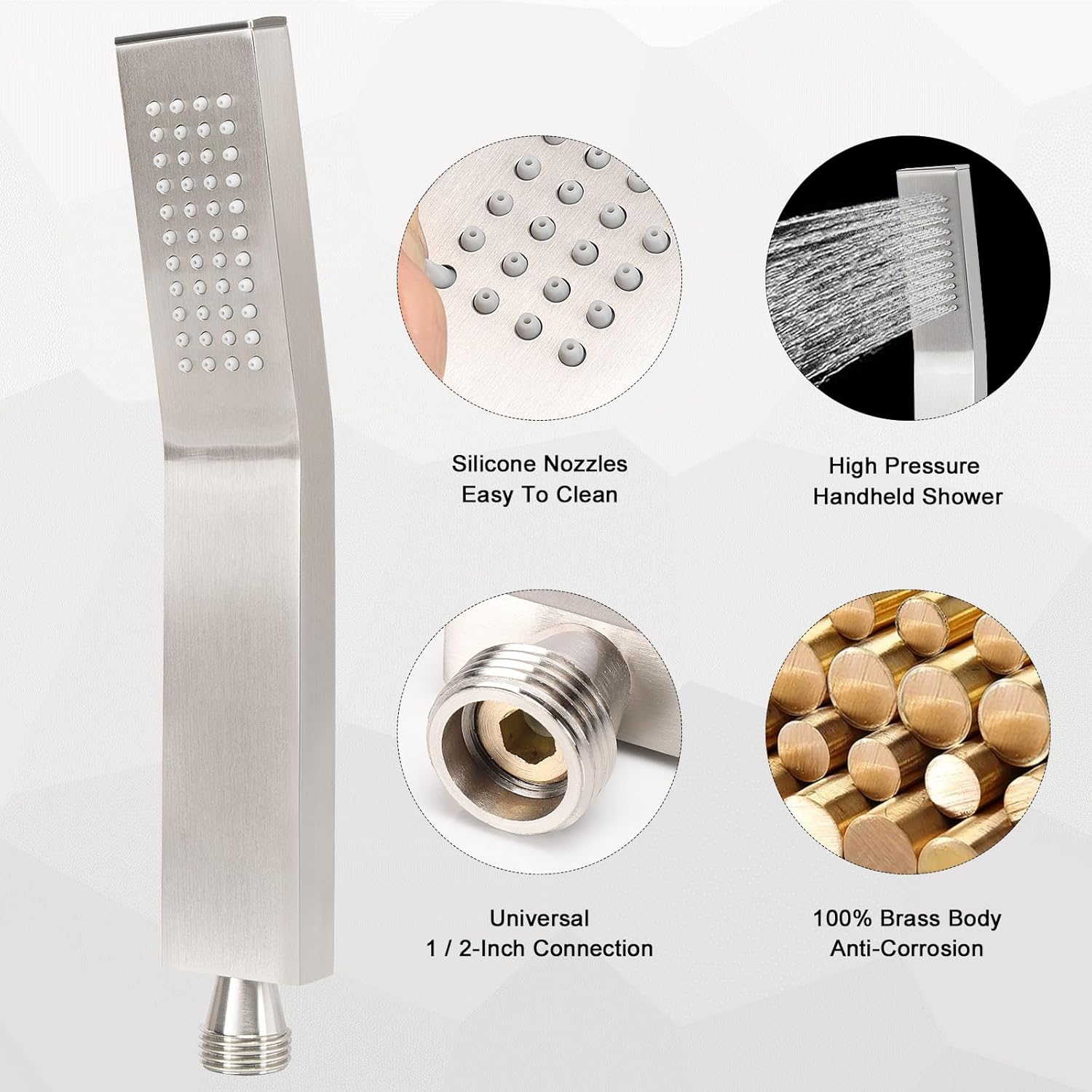 NearMoon Brass Hand Held Shower Head, Luxury High Pressure Shower Kit with Wall Connector and Hose Set, for Bathroom Showering System Contemporary Square Style (Brushed Nickel)