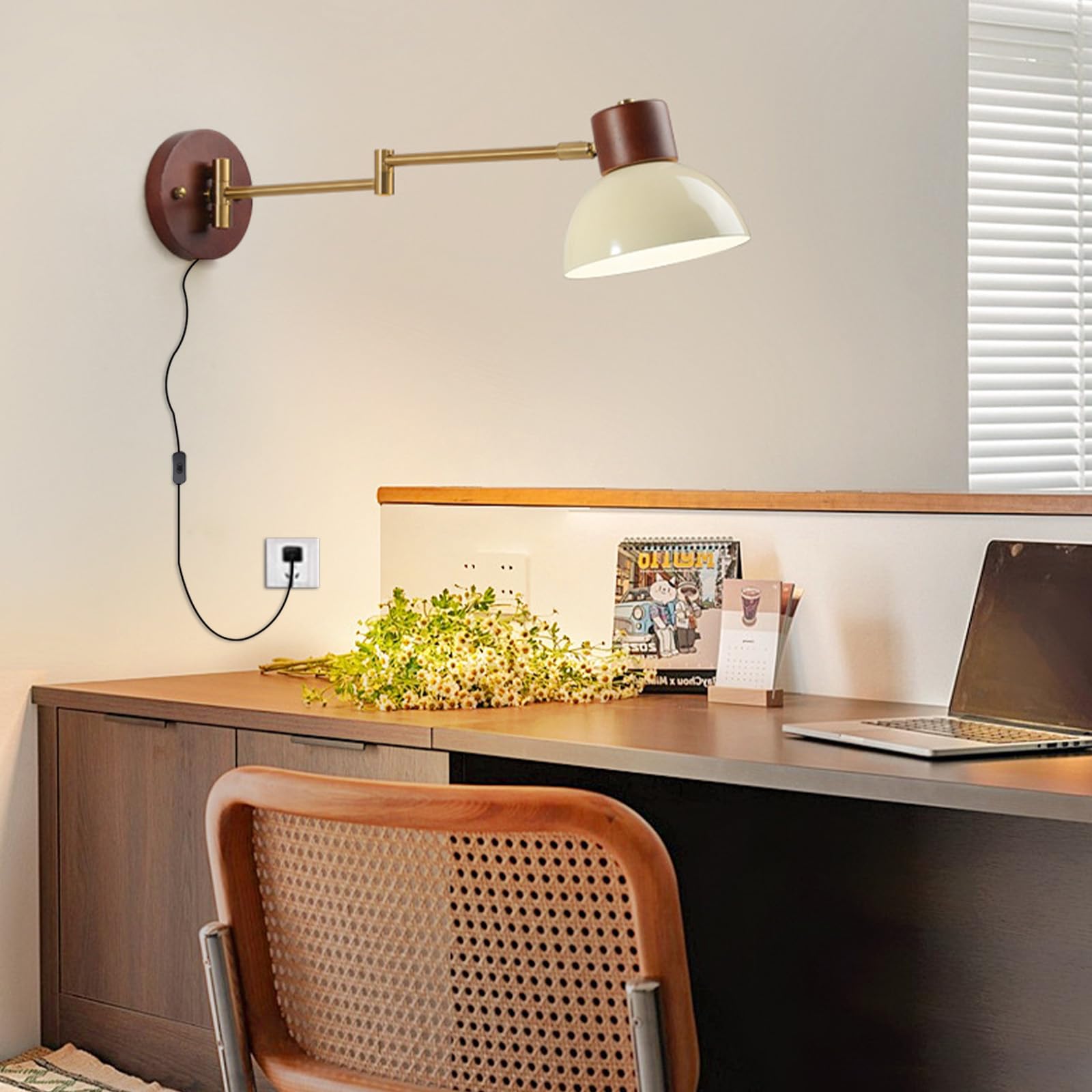 Lampa ścienna z wtyczką i przełącznikiem, styl vintage, E27, oświetlenie ścienne, wychylne ramię wysuwane, składana, lampa ścienna do salonu, sypialni, stolika nocnego korytarza (naturalne