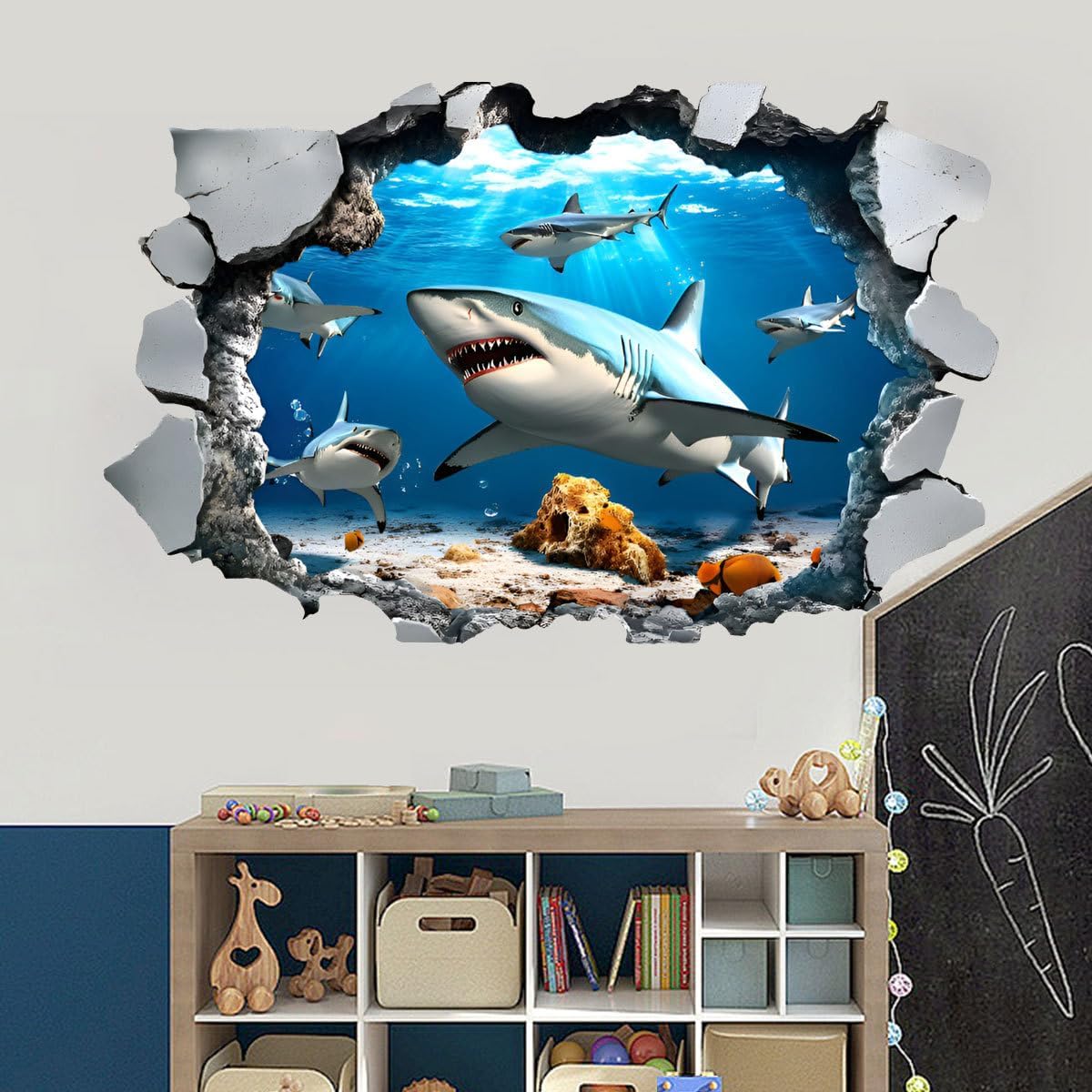 SHUCHING 3D Under the Sea Shark Wall Decals Peel and Stick, Vinyl Ocean Wall Sticker, Wall Decor for Nursery Playroom Kids Bedroom